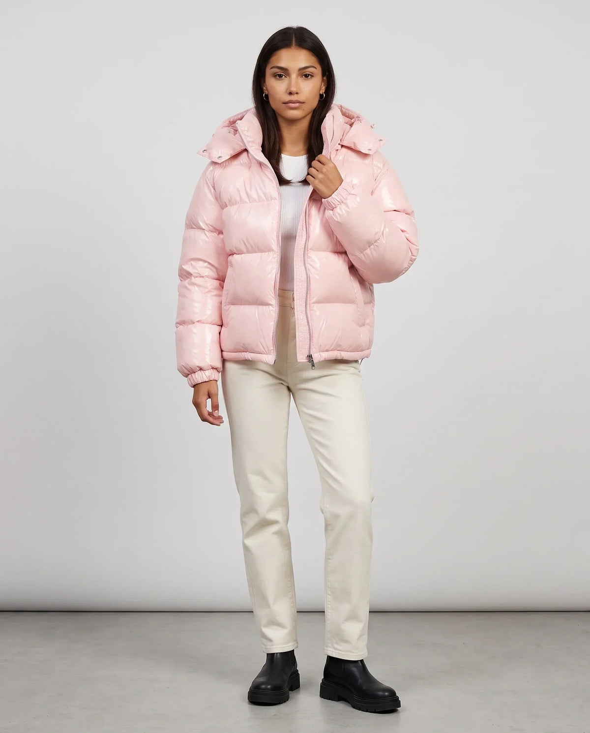 Short Shiny Hooded Puffer Jacket with Puffy Channels