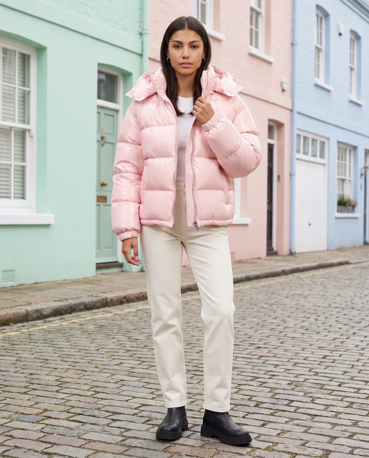 Short Shiny Hooded Puffer Jacket with Puffy Channels