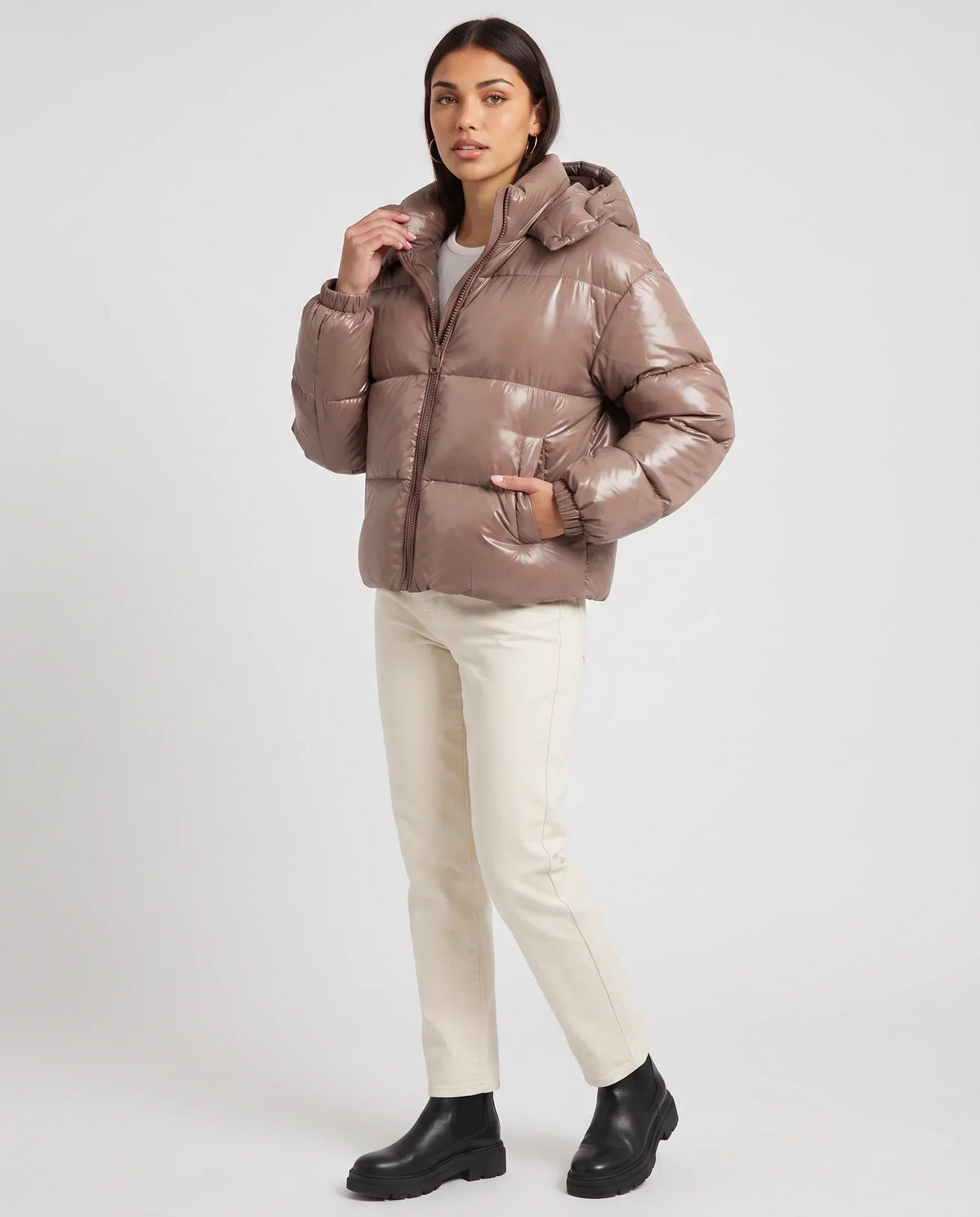 Short Shiny Hooded Puffer Jacket with Puffy Channels