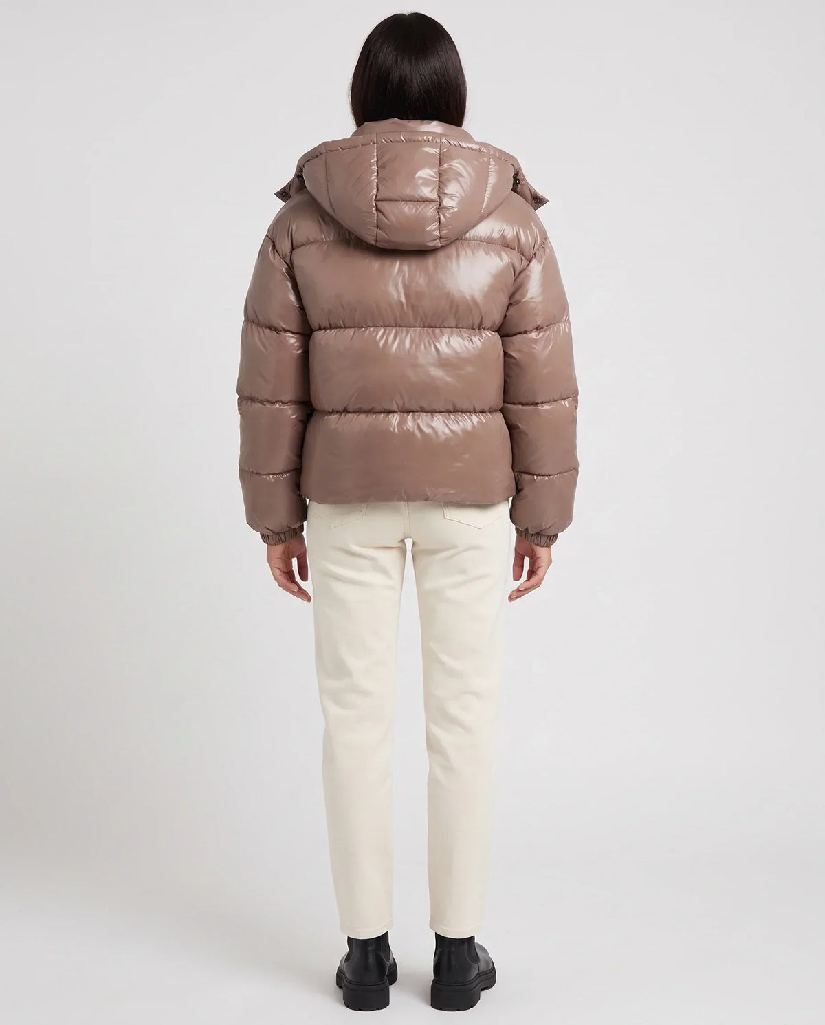 Short Shiny Hooded Puffer Jacket with Puffy Channels