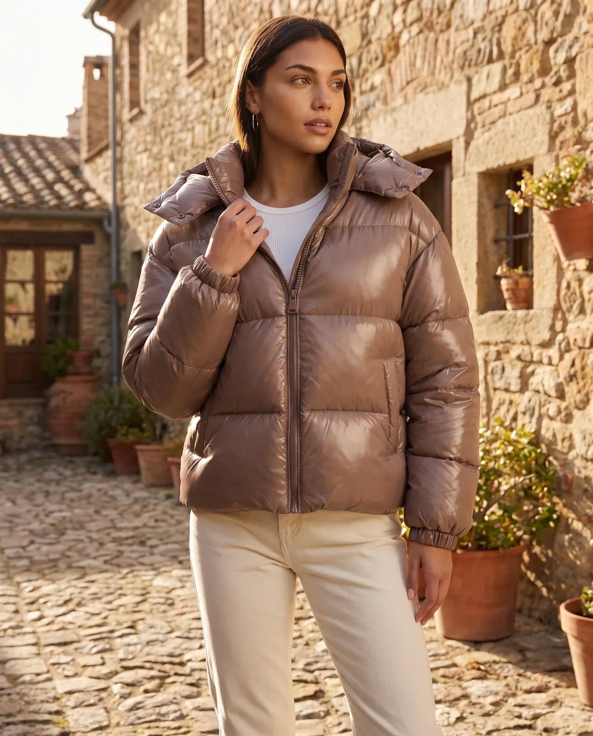Short Shiny Hooded Puffer Jacket with Puffy Channels