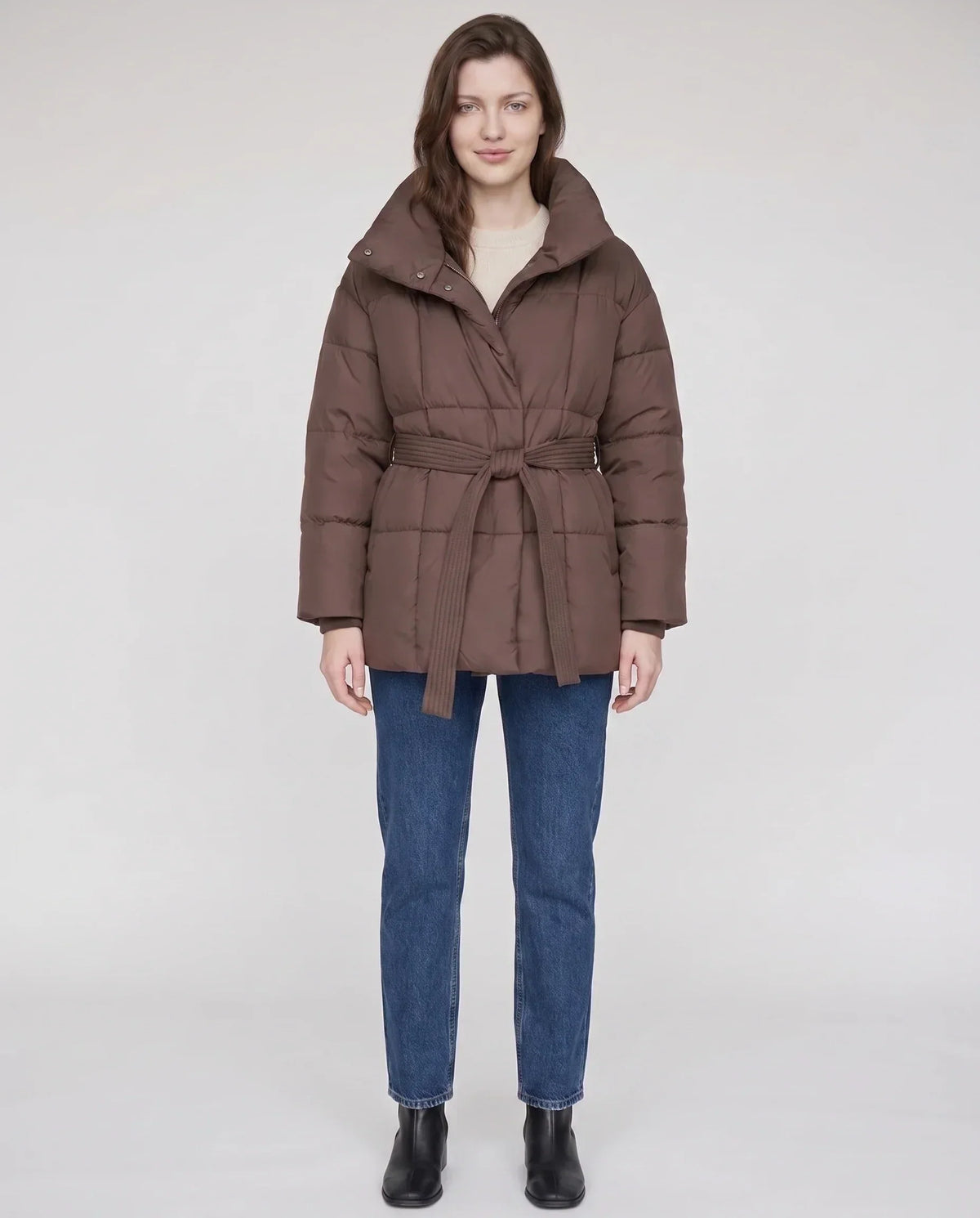 Short Belted Puffer Jacket with Funnel Collar