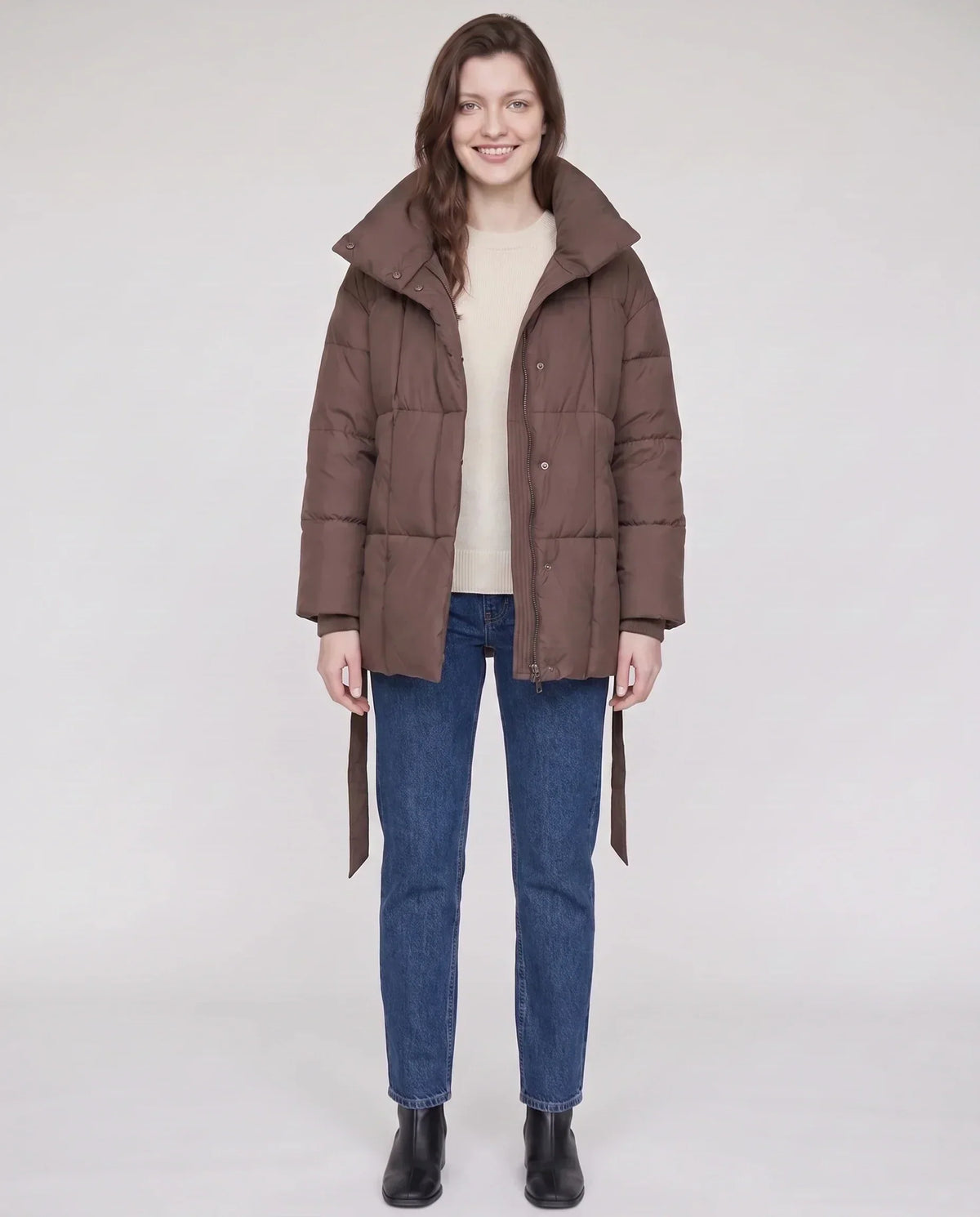 Short Belted Puffer Jacket with Funnel Collar