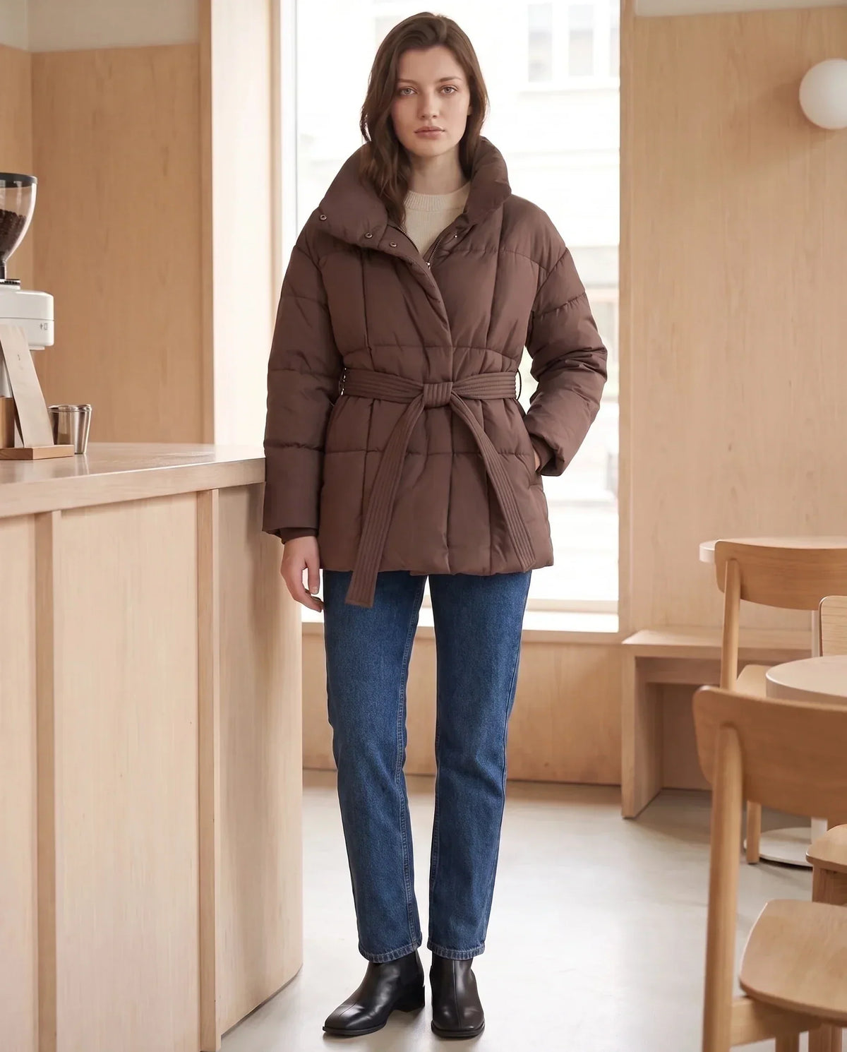 Short Belted Puffer Jacket with Funnel Collar