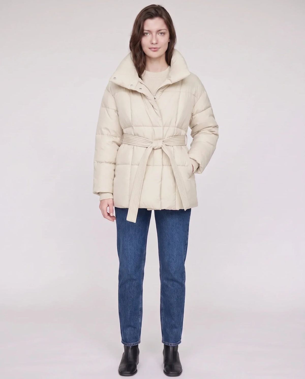 Short Belted Puffer Jacket with Funnel Collar