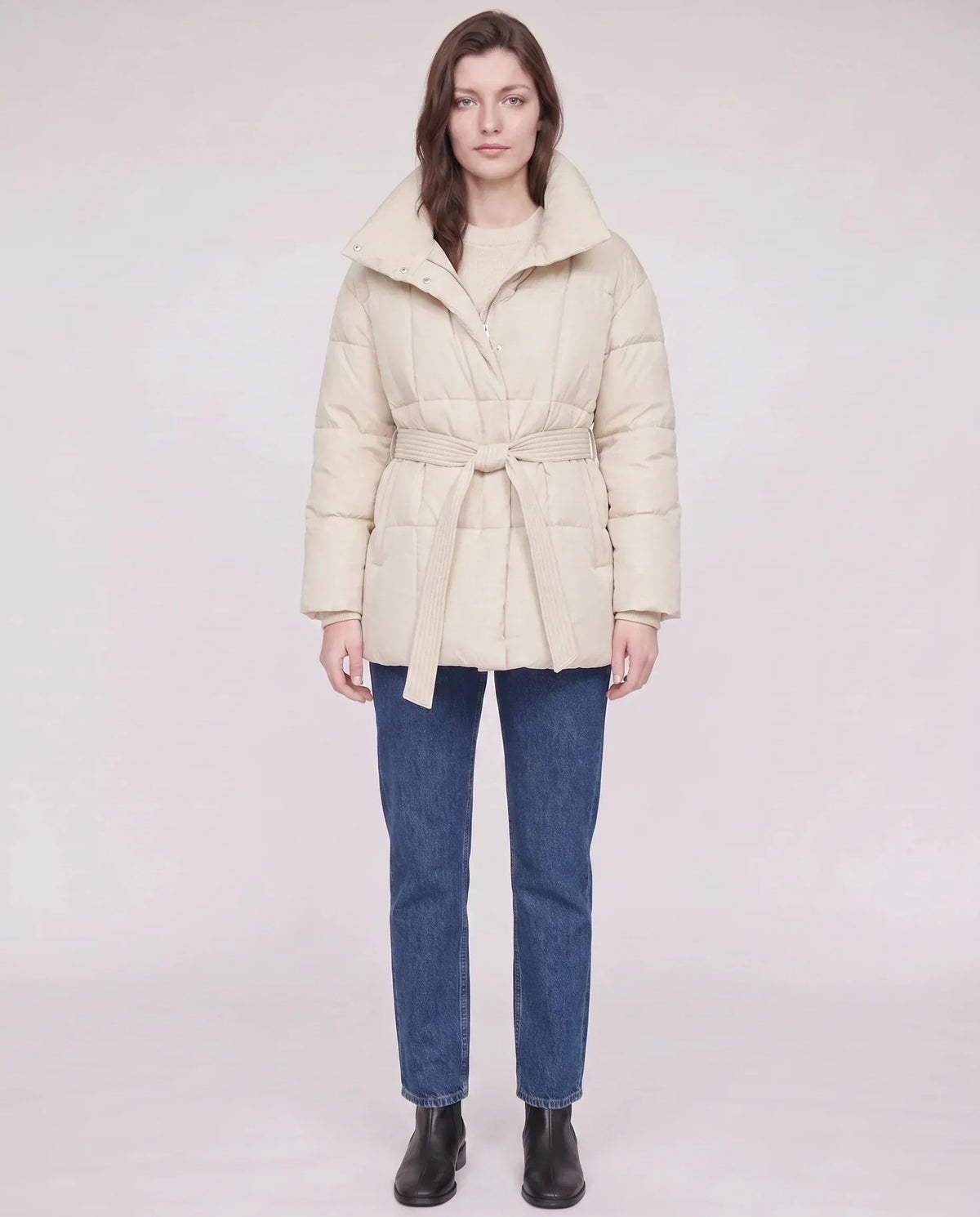 Short Belted Puffer Jacket with Funnel Collar