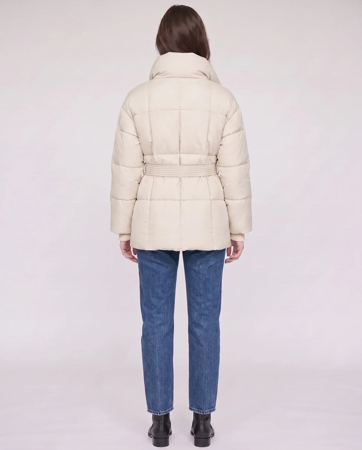 Short Belted Puffer Jacket with Funnel Collar