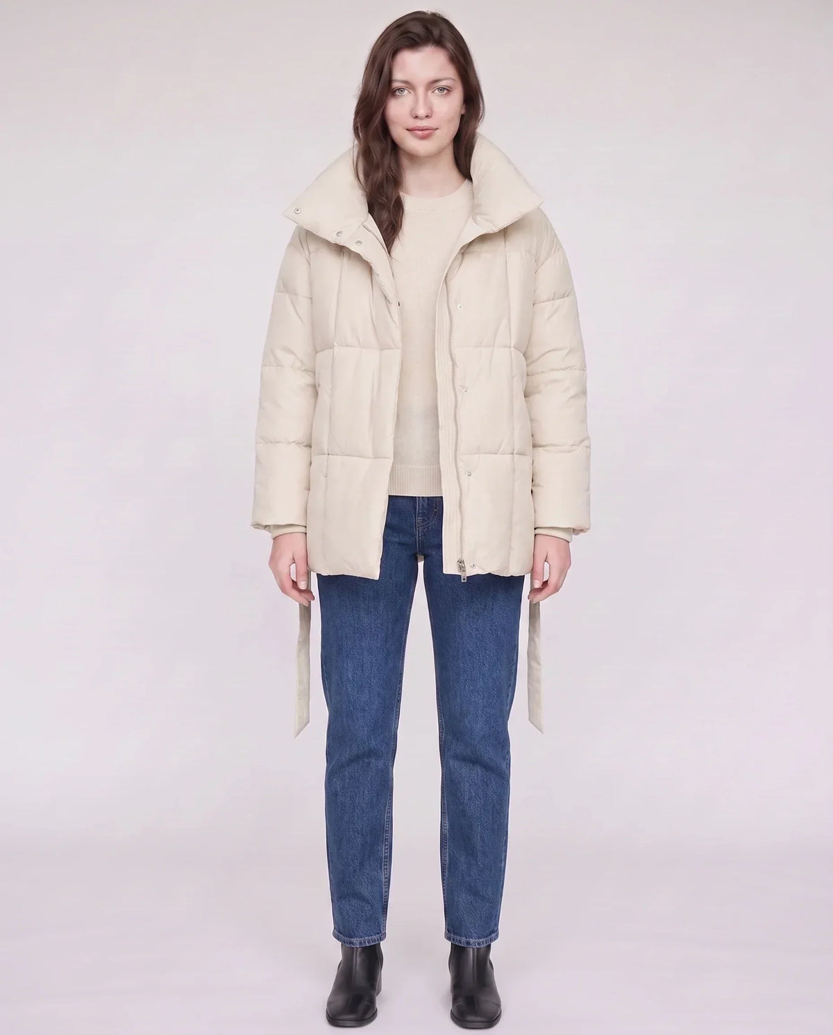 Short Belted Puffer Jacket with Funnel Collar