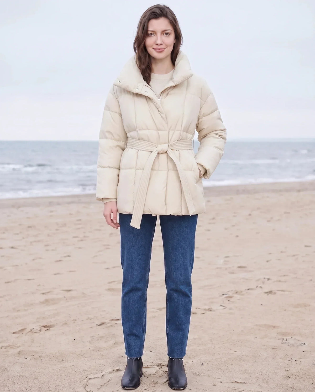Short Belted Puffer Jacket with Funnel Collar
