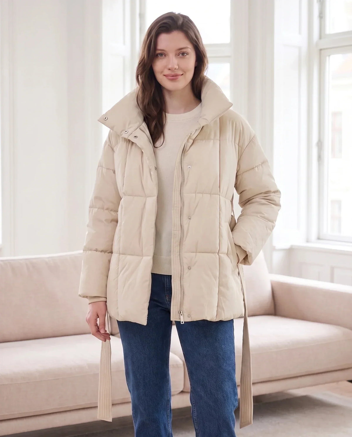 Short Belted Puffer Jacket with Funnel Collar