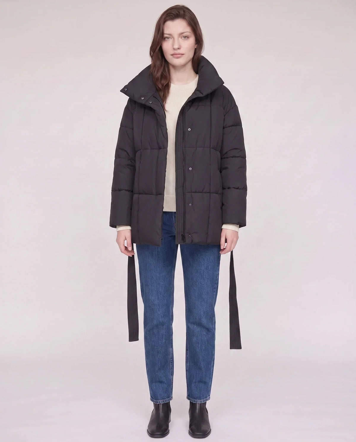 Short Belted Puffer Jacket with Funnel Collar