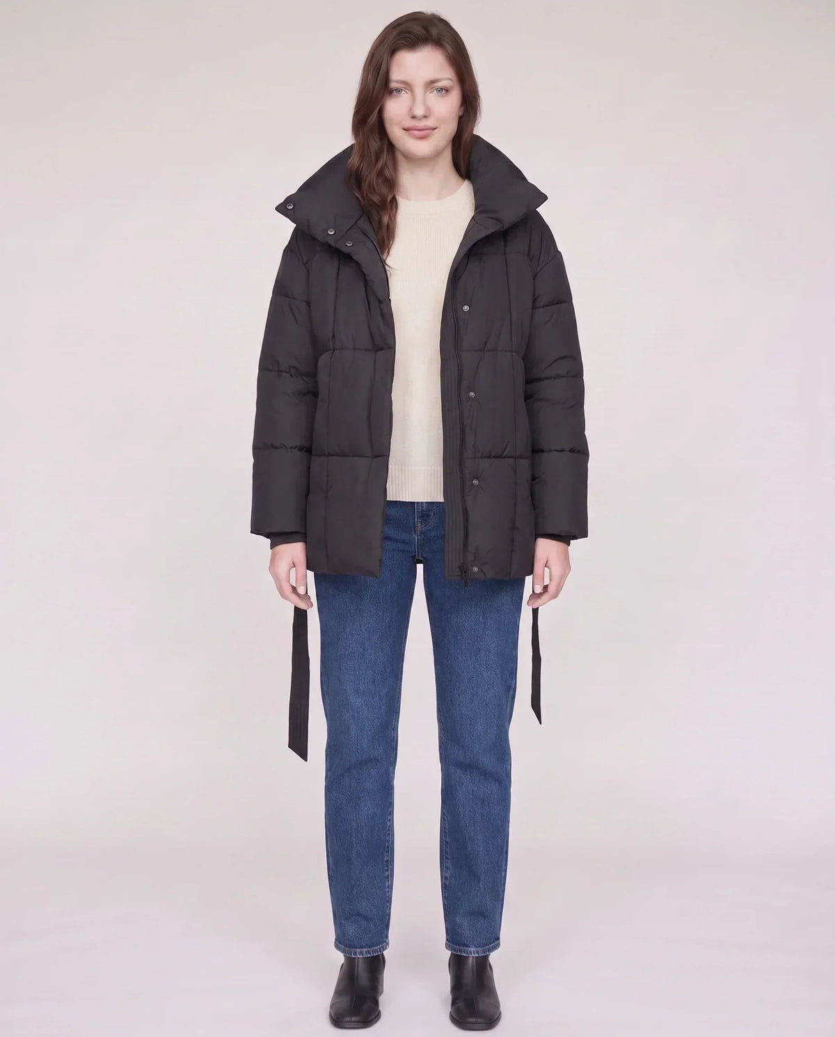 Short Belted Puffer Jacket with Funnel Collar