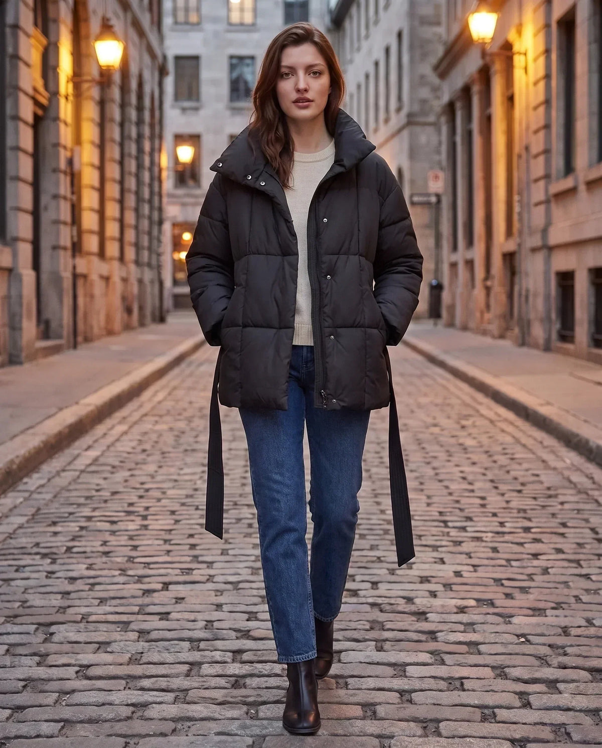 Short Belted Puffer Jacket with Funnel Collar