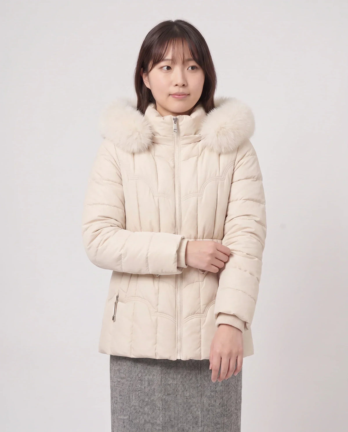 Short Fitted Puffer Jacket with Faux Fur Hood