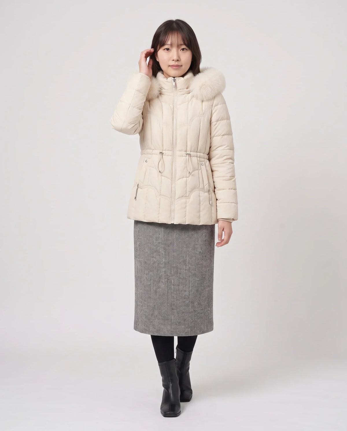 Short Fitted Puffer Jacket with Faux Fur Hood