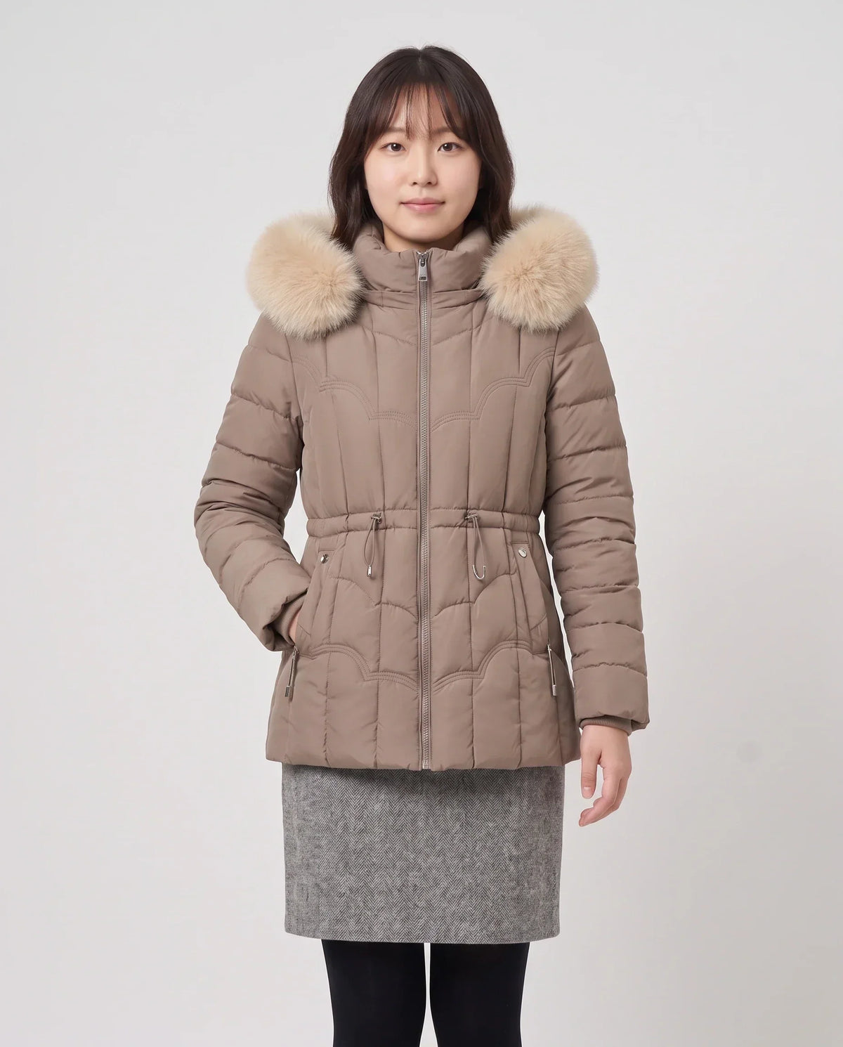 Short Fitted Puffer Jacket with Faux Fur Hood