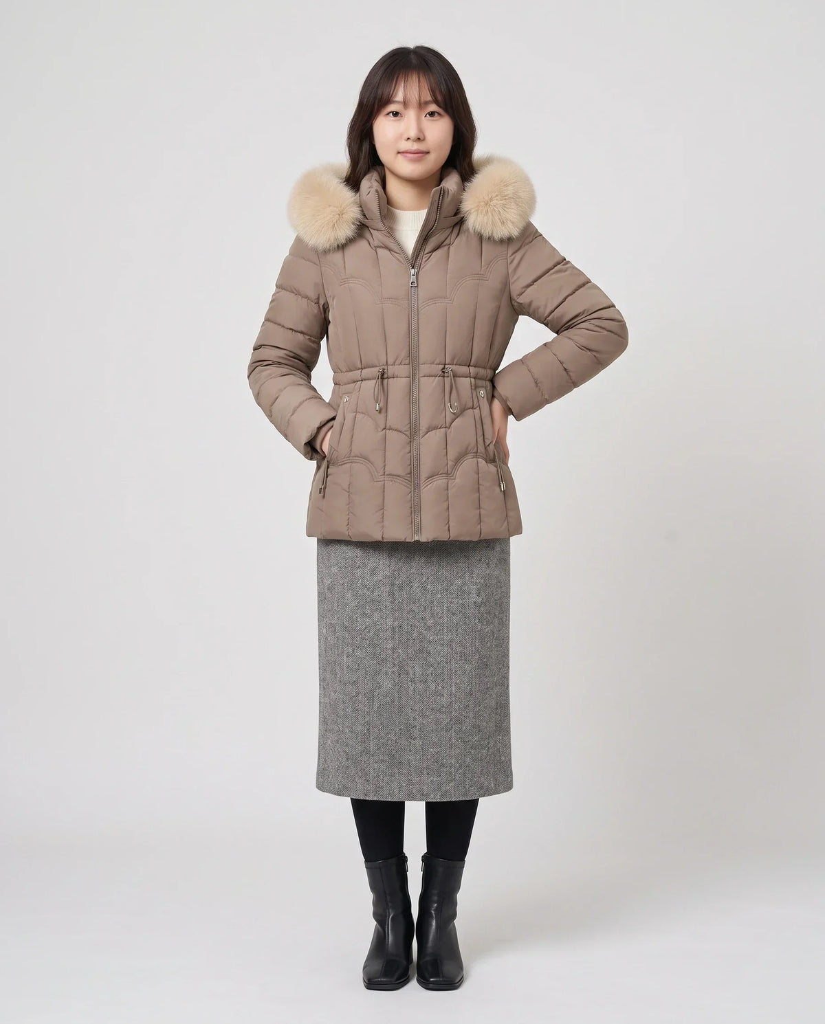 Short Fitted Puffer Jacket with Faux Fur Hood