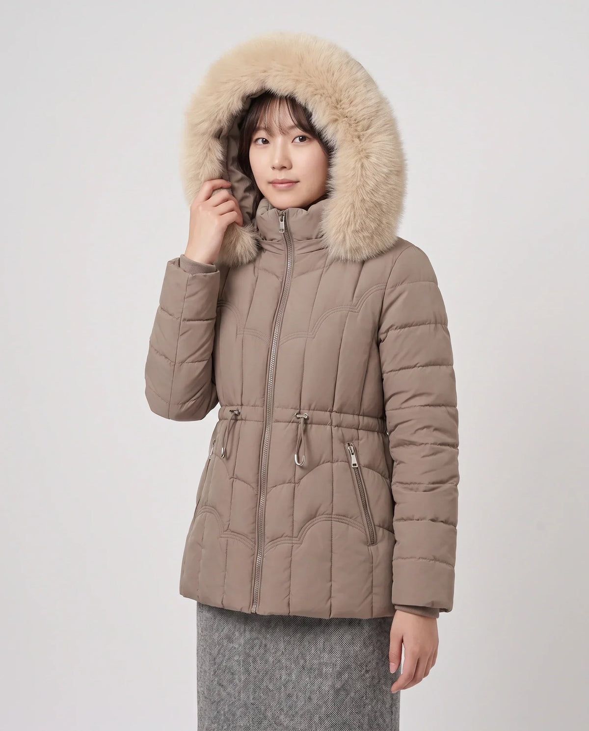 Short Fitted Puffer Jacket with Faux Fur Hood