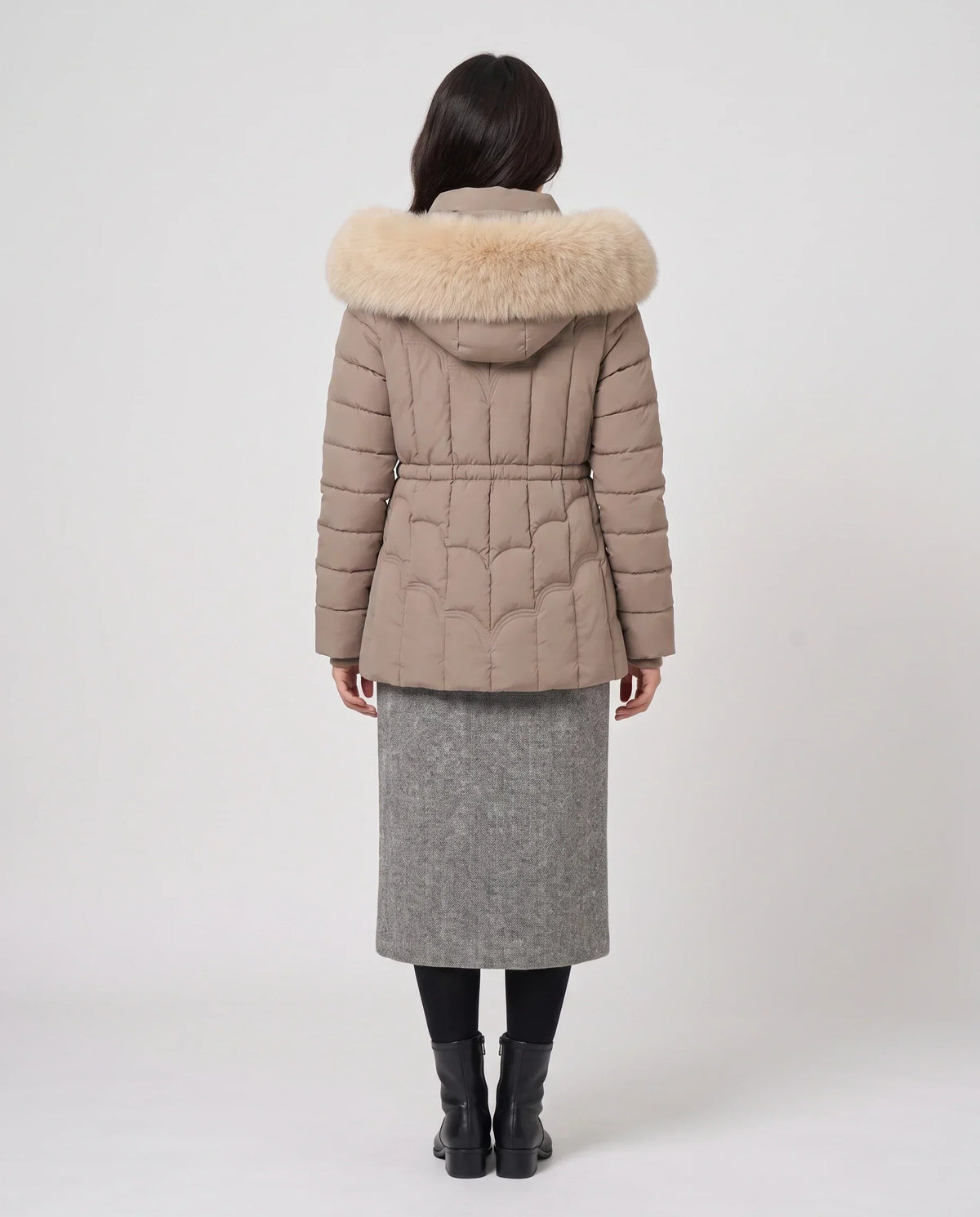 Short Fitted Puffer Jacket with Faux Fur Hood