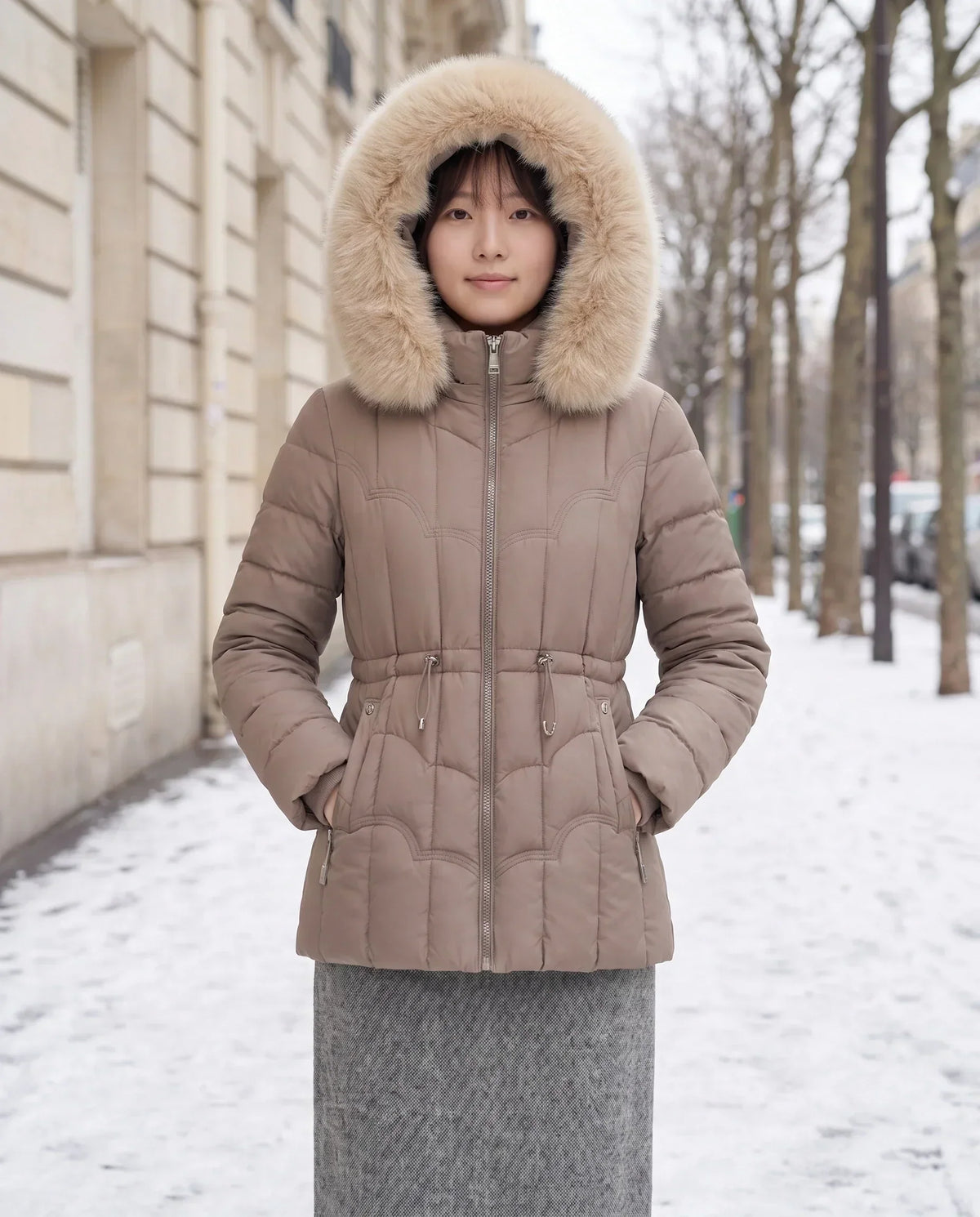 Short Fitted Puffer Jacket with Faux Fur Hood