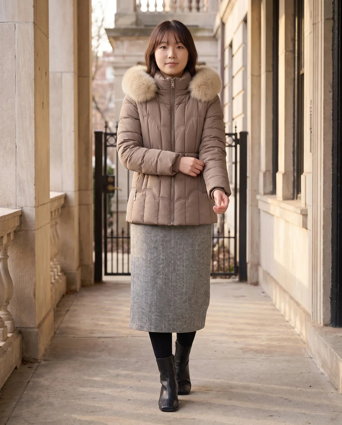 Short Fitted Puffer Jacket with Faux Fur Hood