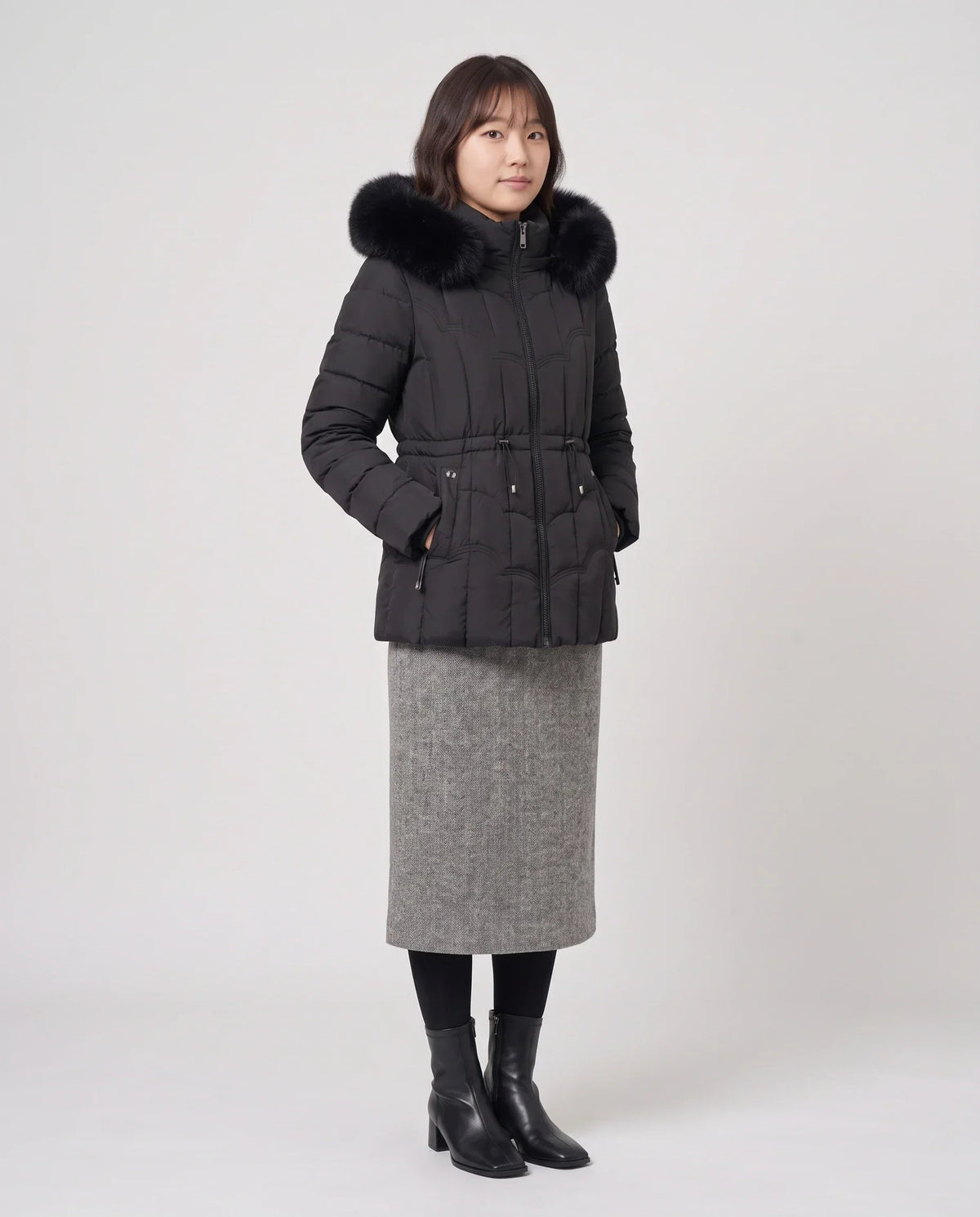 Short Fitted Puffer Jacket with Faux Fur Hood
