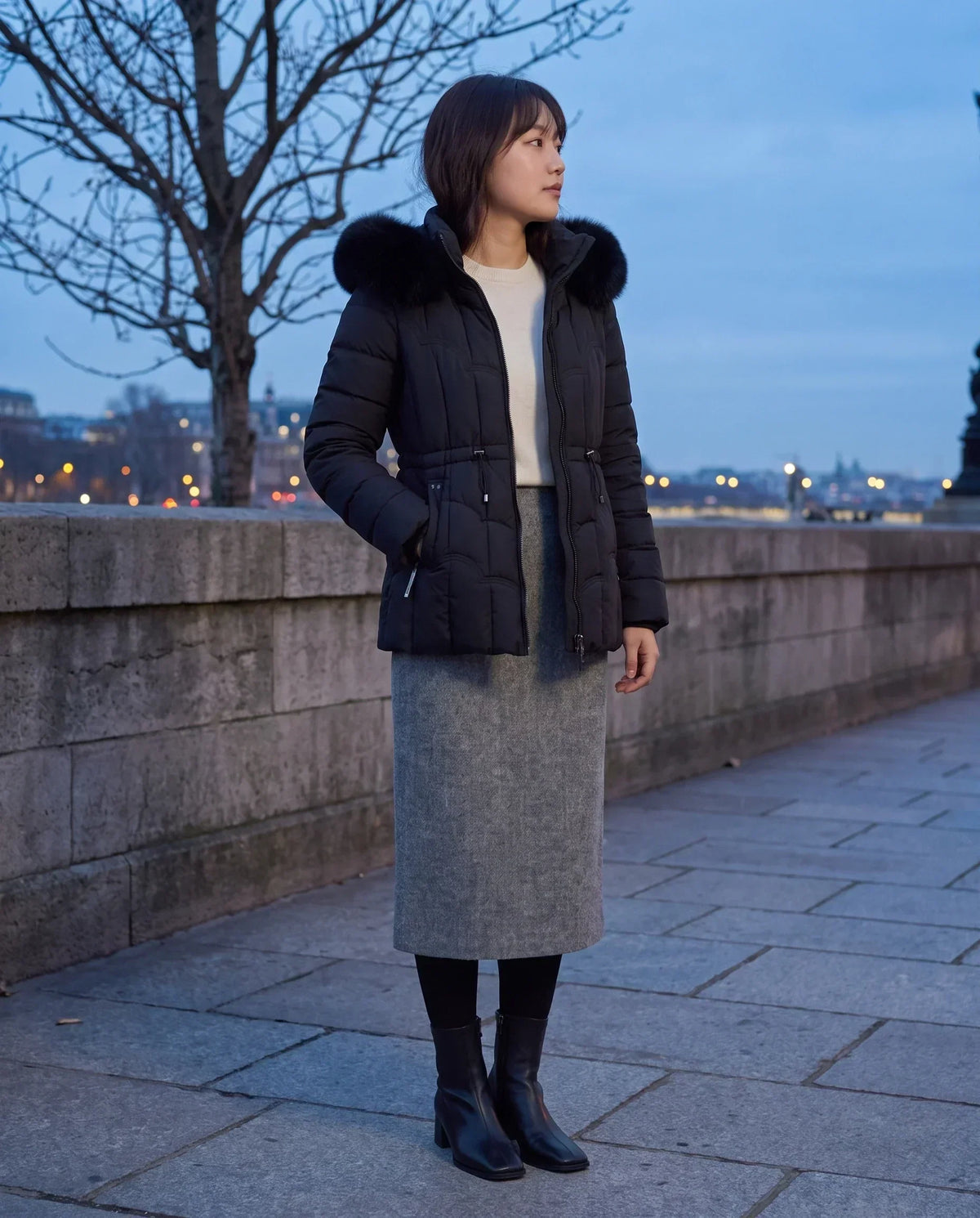 Short Fitted Puffer Jacket with Faux Fur Hood