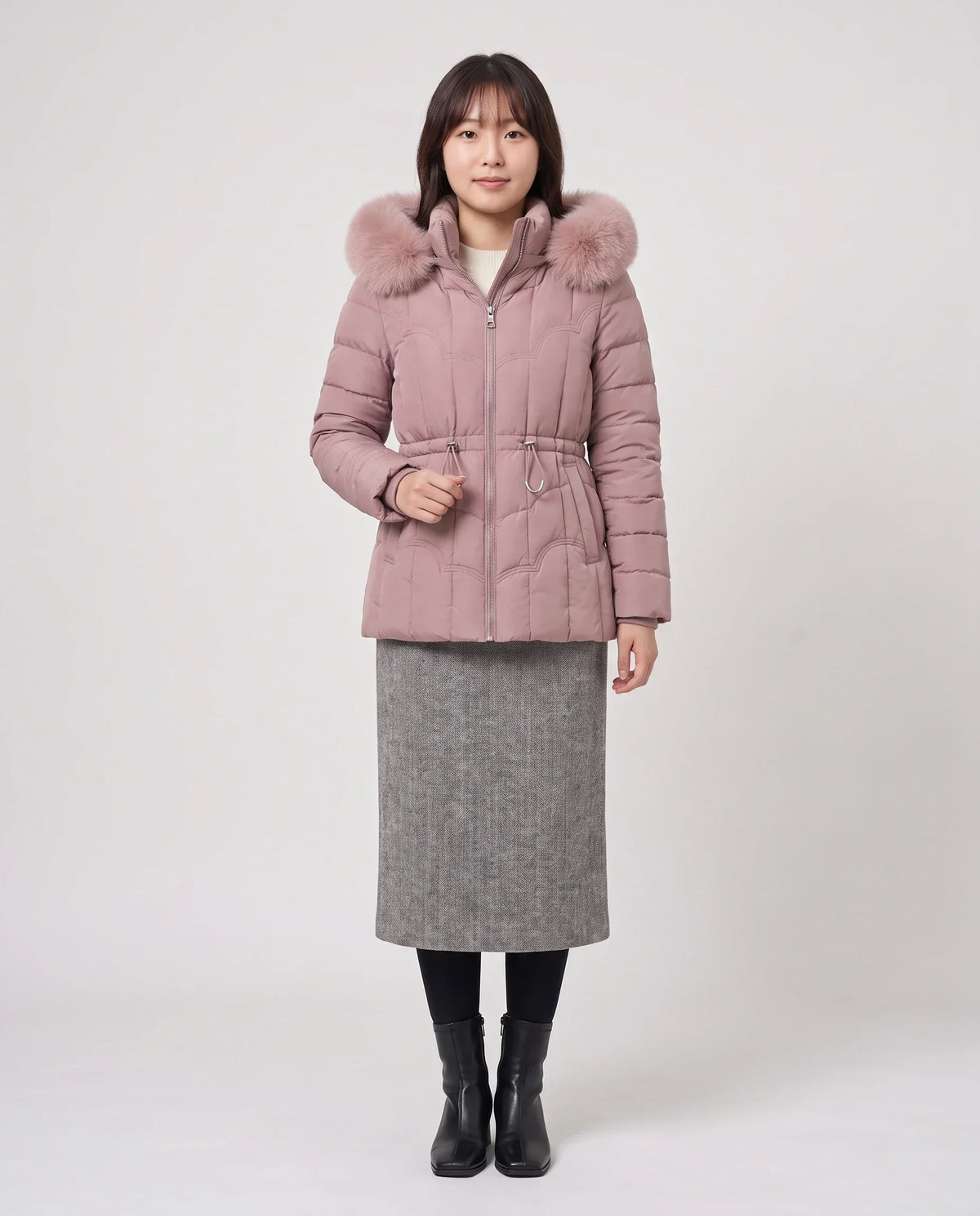 Short Fitted Puffer Jacket with Faux Fur Hood