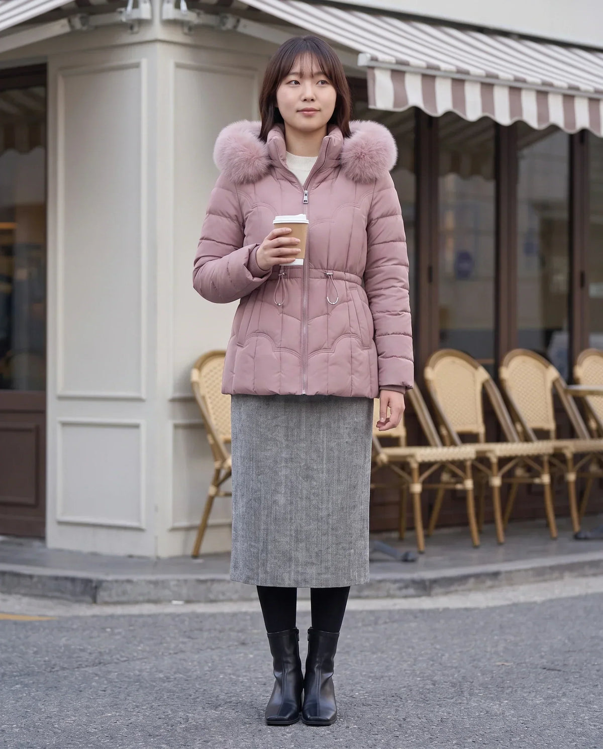 Short Fitted Puffer Jacket with Faux Fur Hood