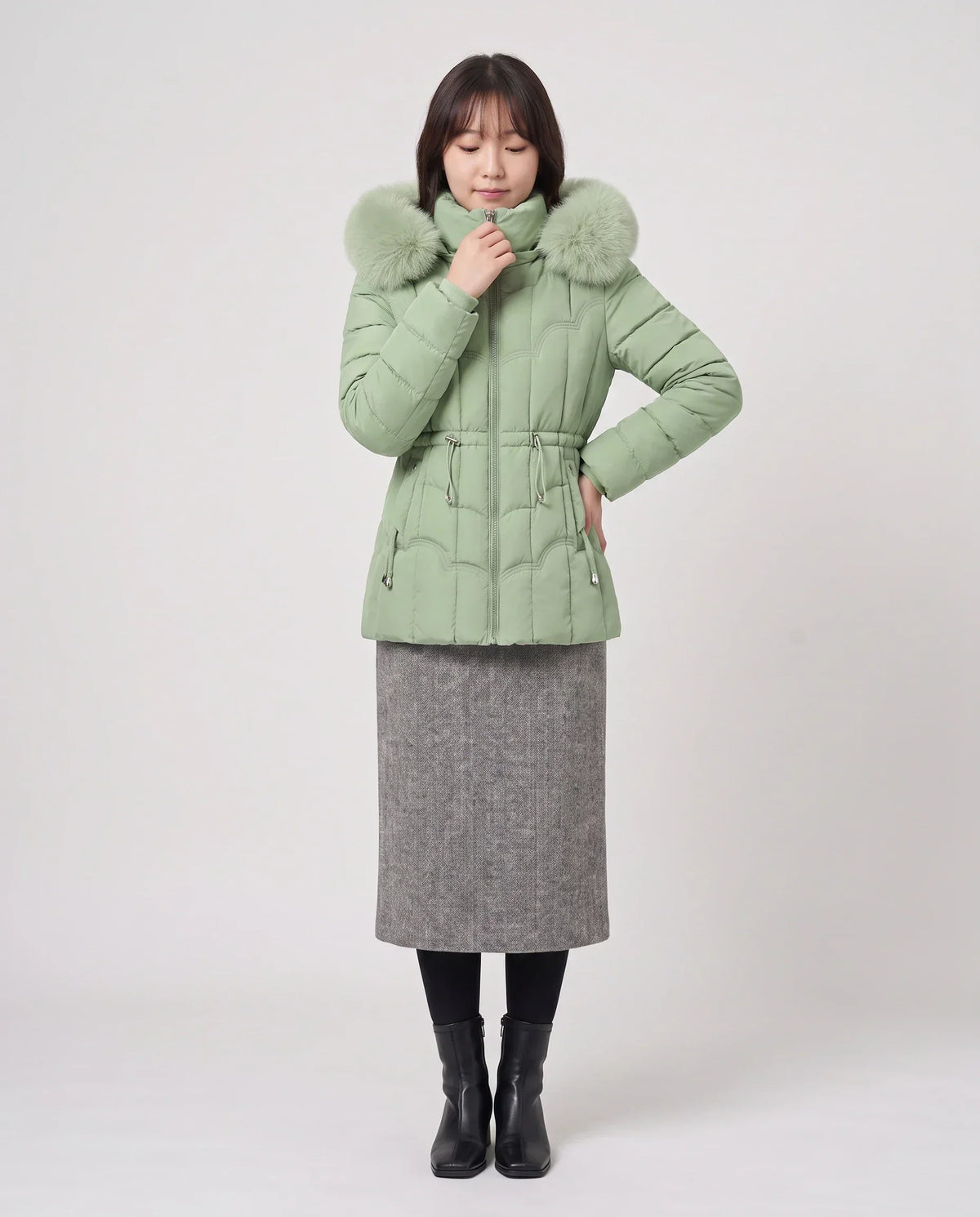 Short Fitted Puffer Jacket with Faux Fur Hood