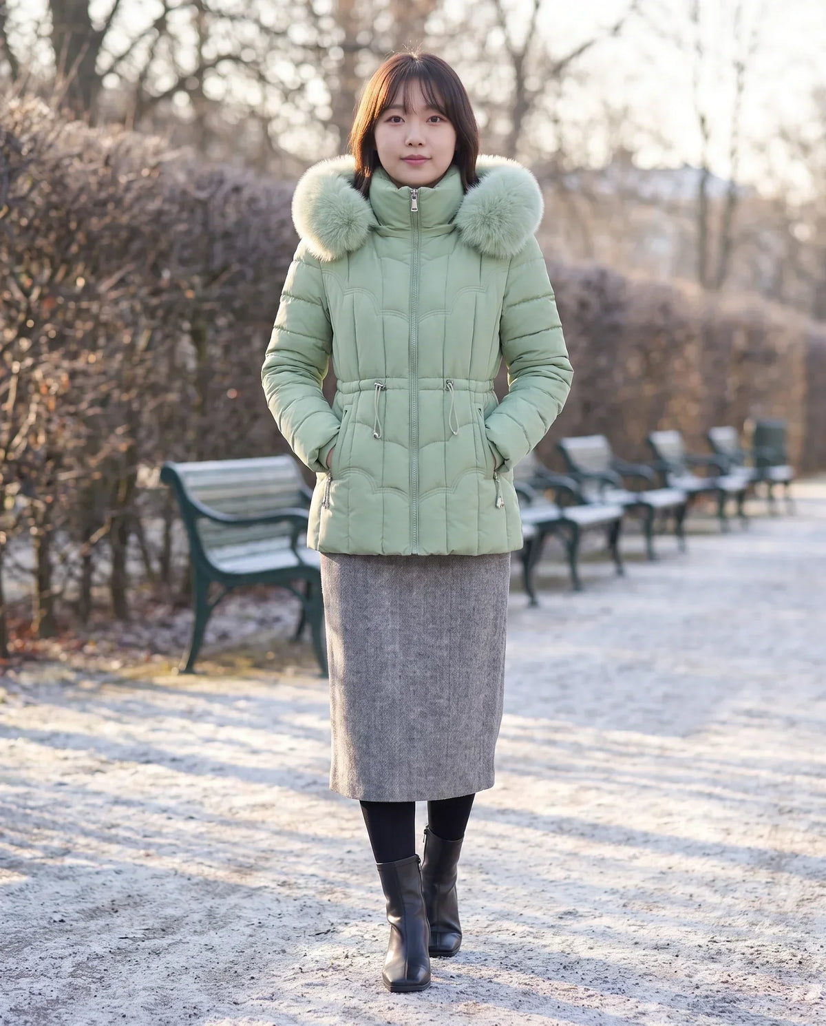 Short Fitted Puffer Jacket with Faux Fur Hood