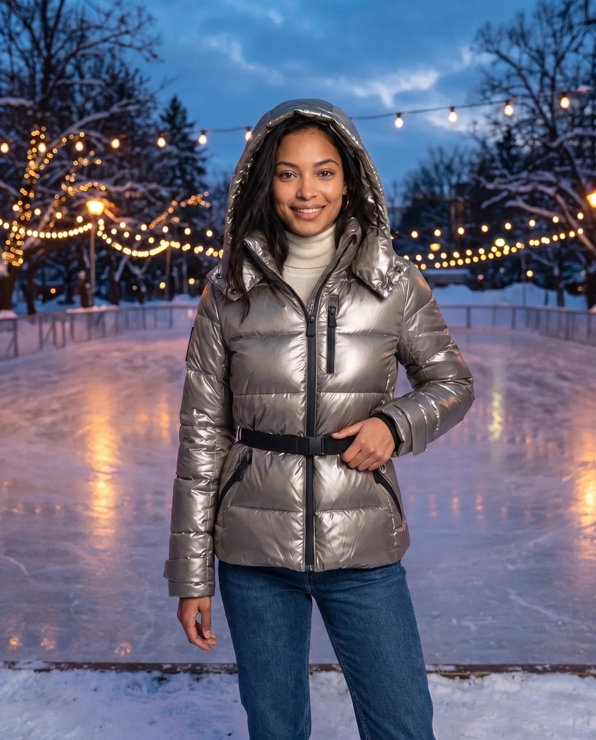 Fitted Hooded Puffer Jacket with Belt