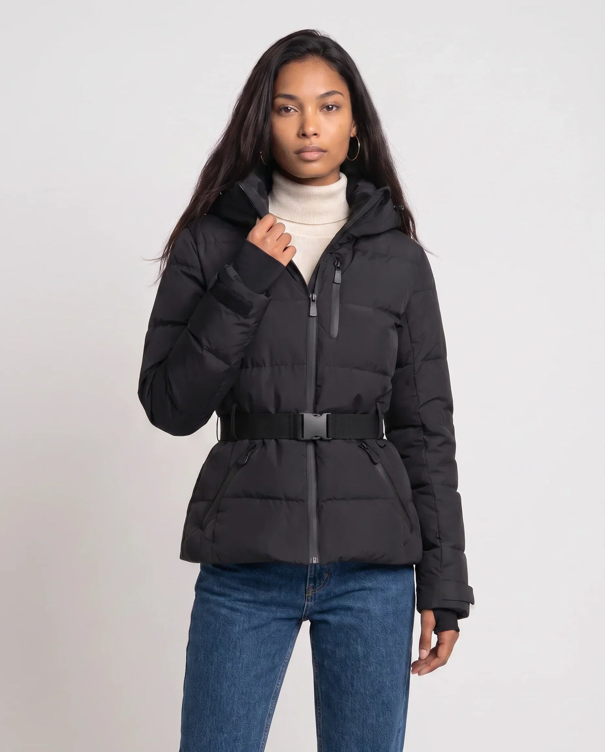 Fitted Hooded Puffer Jacket with Belt