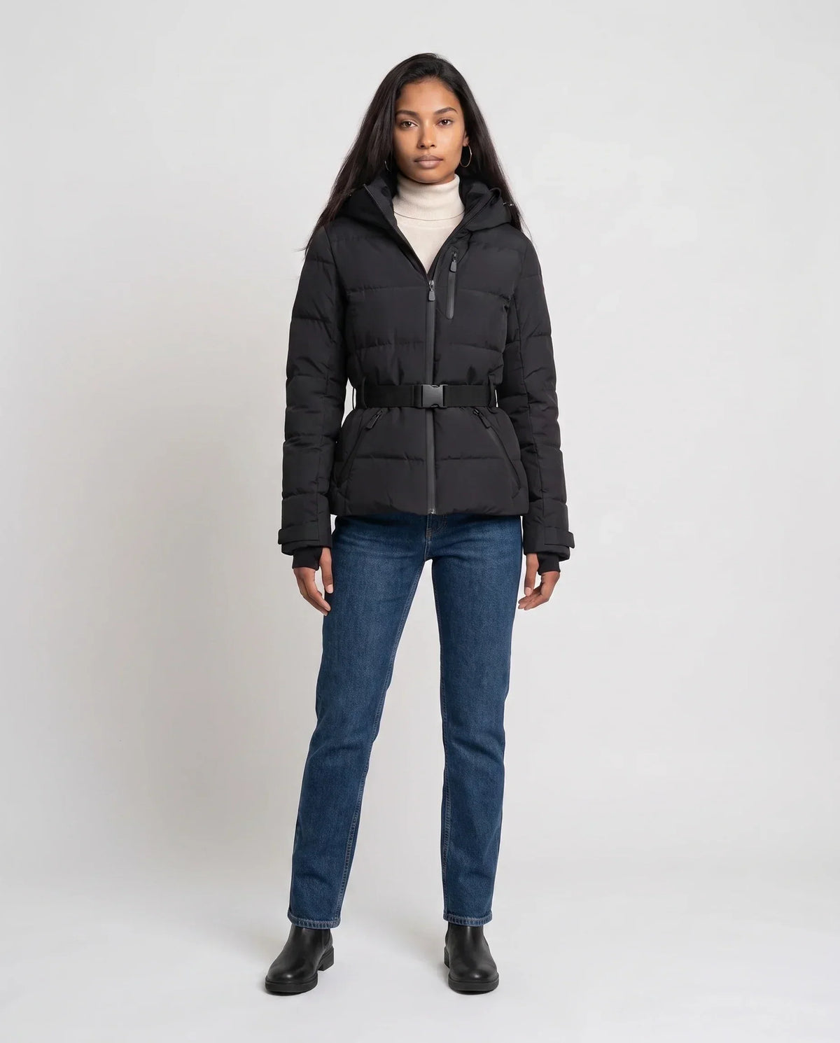 Fitted Hooded Puffer Jacket with Belt
