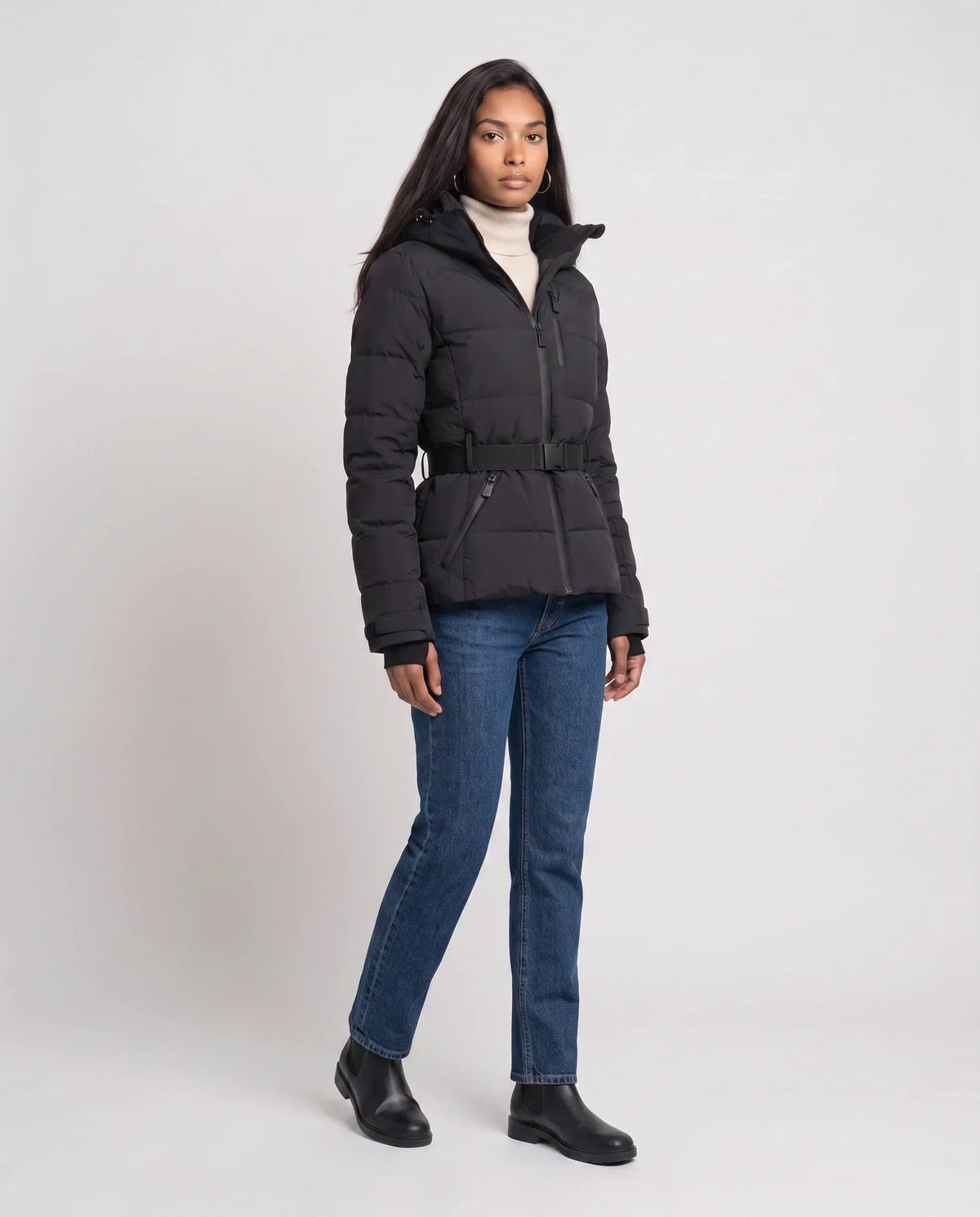 Fitted Hooded Puffer Jacket with Belt