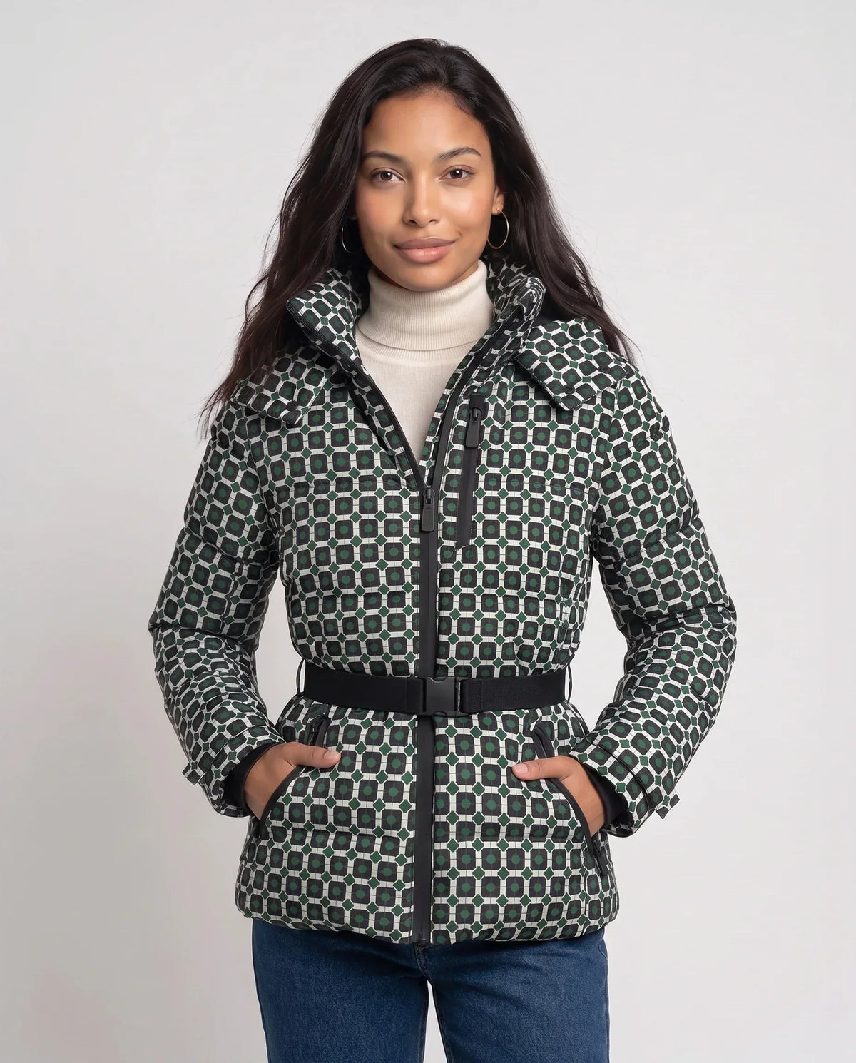 Fitted Hooded Puffer Jacket with Belt