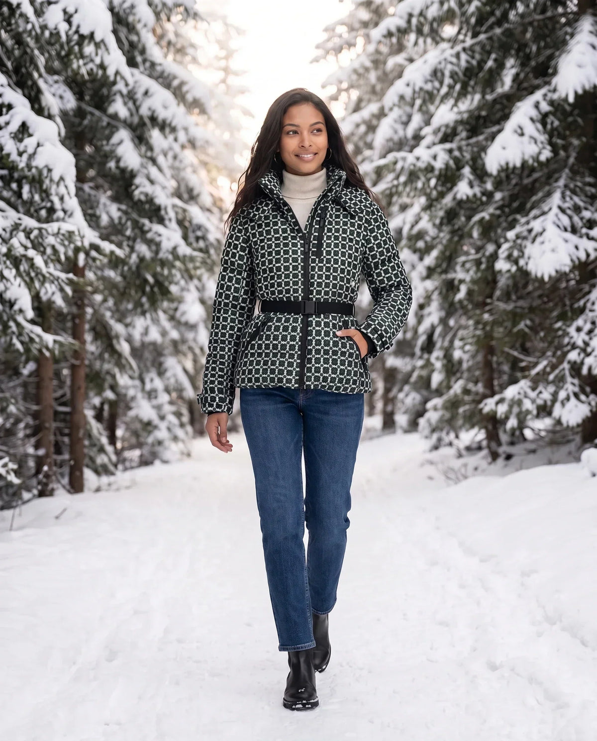 Fitted Hooded Puffer Jacket with Belt