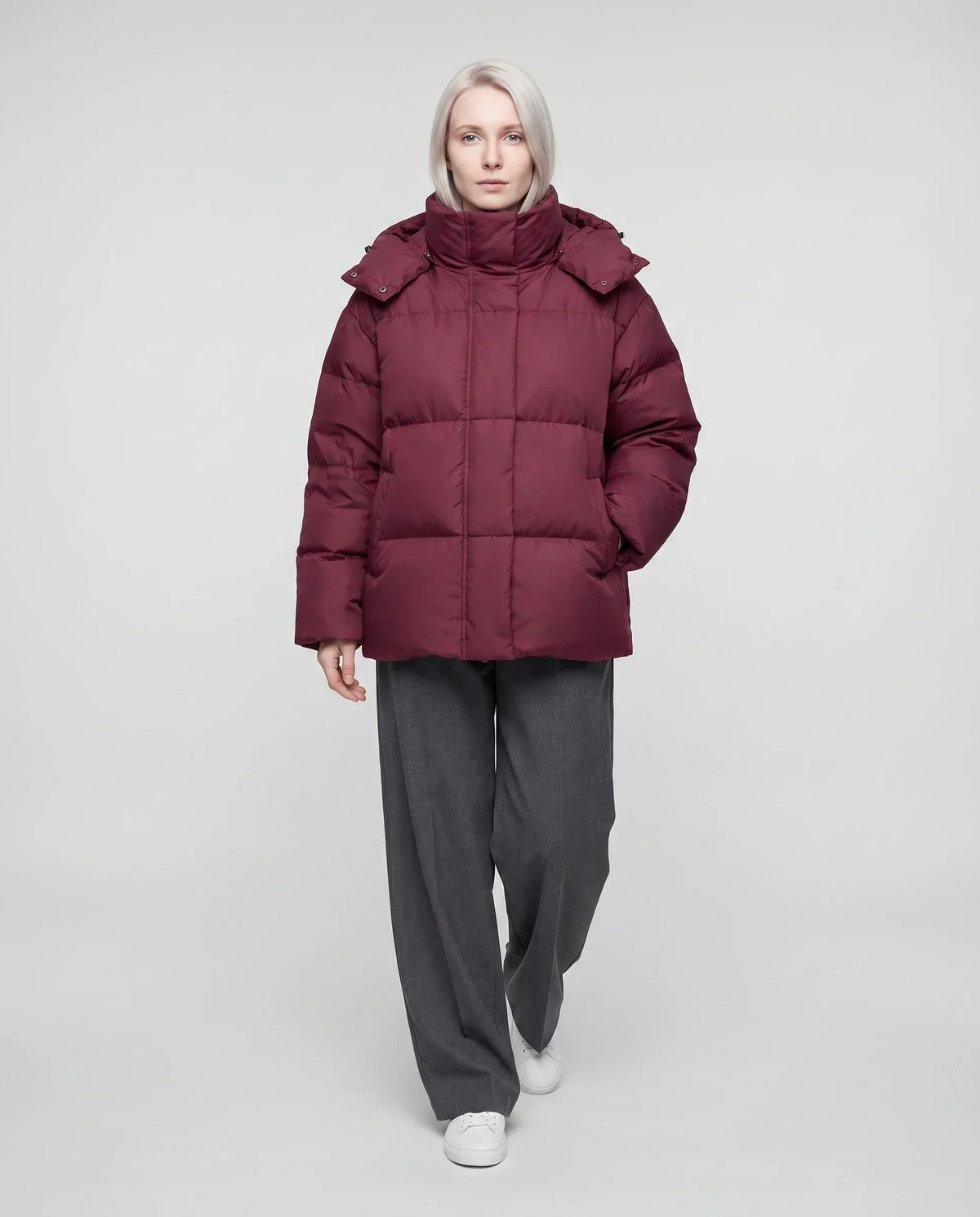 Oversized Puffer Jacket with High Collar and Detachable Hood