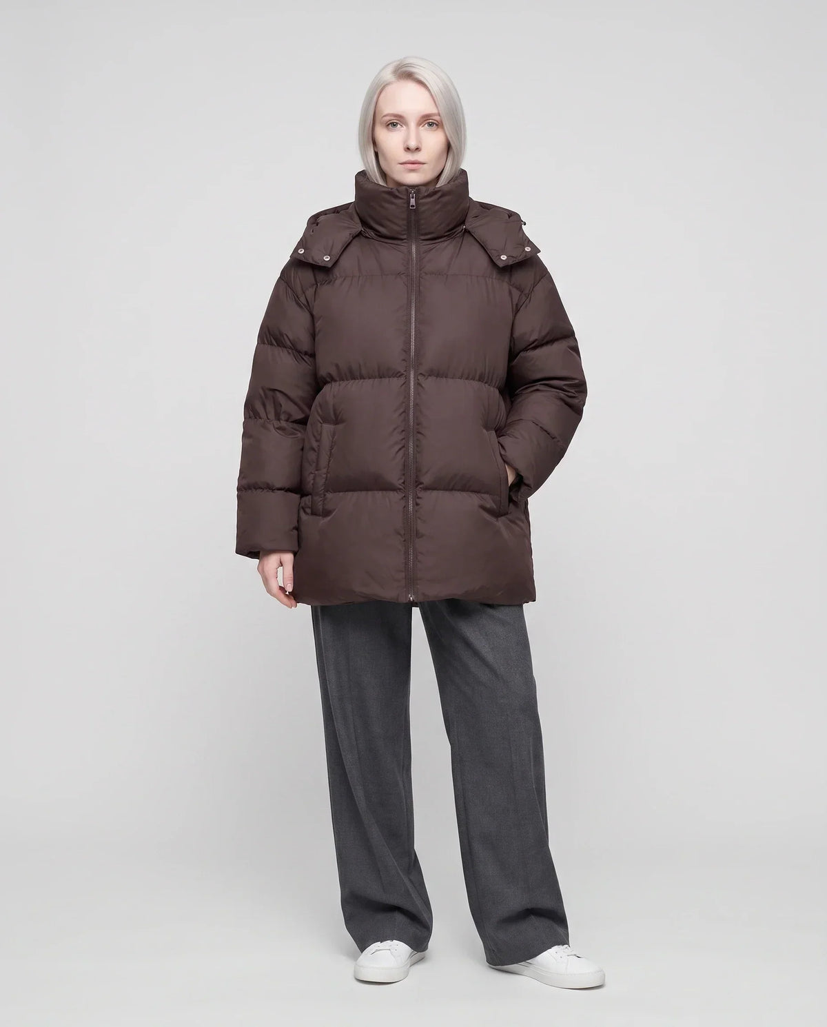 Oversized Puffer Jacket with High Collar and Detachable Hood