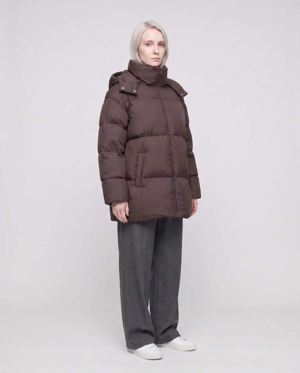 Oversized Puffer Jacket with High Collar and Detachable Hood