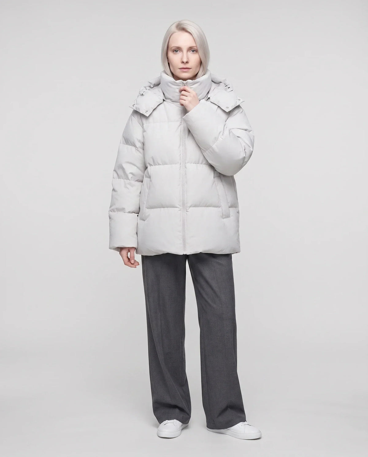 Oversized Puffer Jacket with High Collar and Detachable Hood