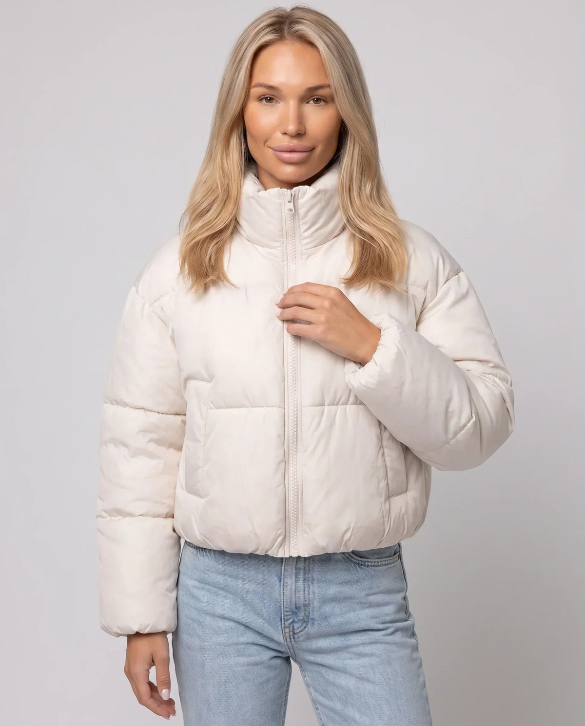 Short Quilted Jacket with Zipped Funnel Collar