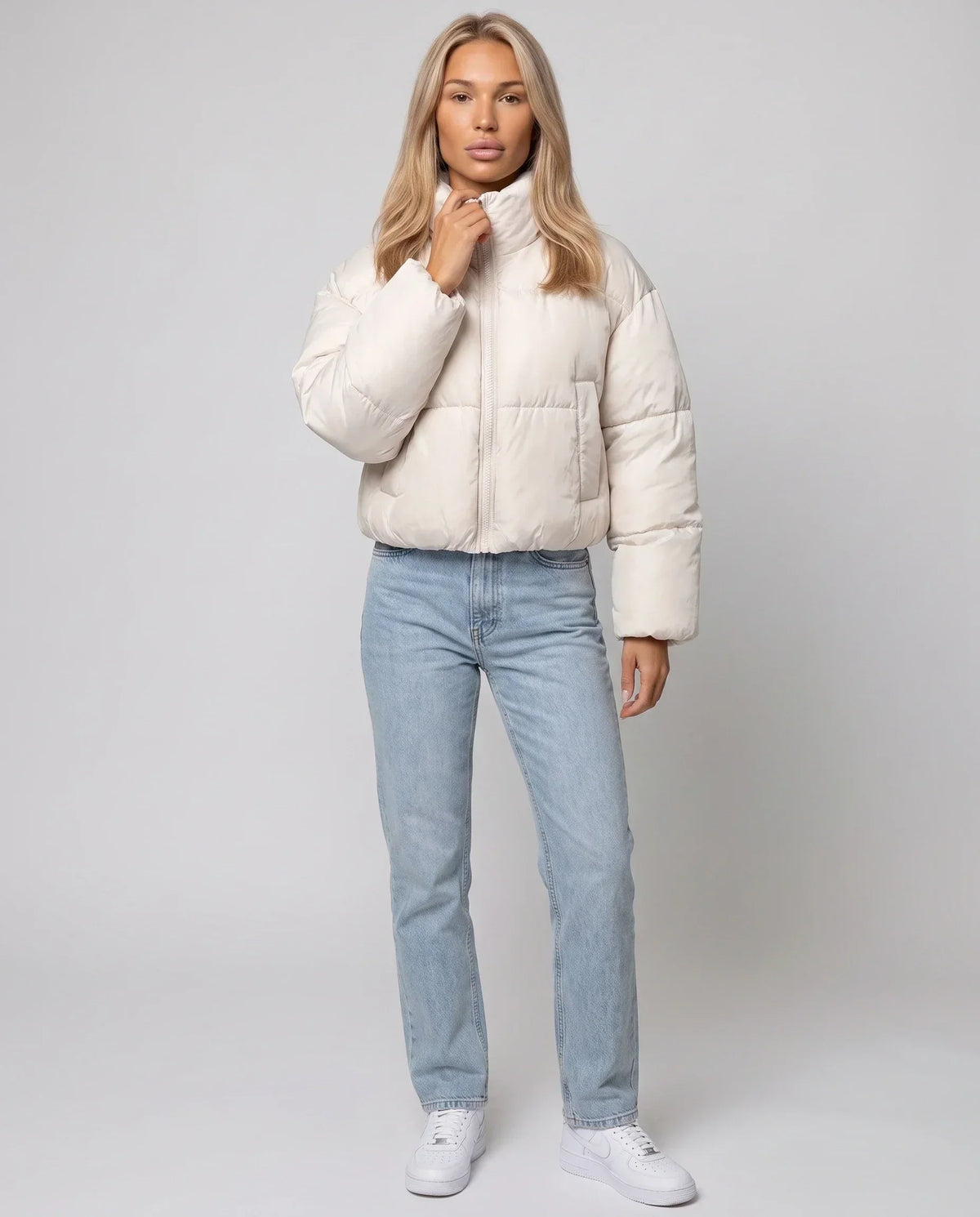 Short Quilted Jacket with Zipped Funnel Collar
