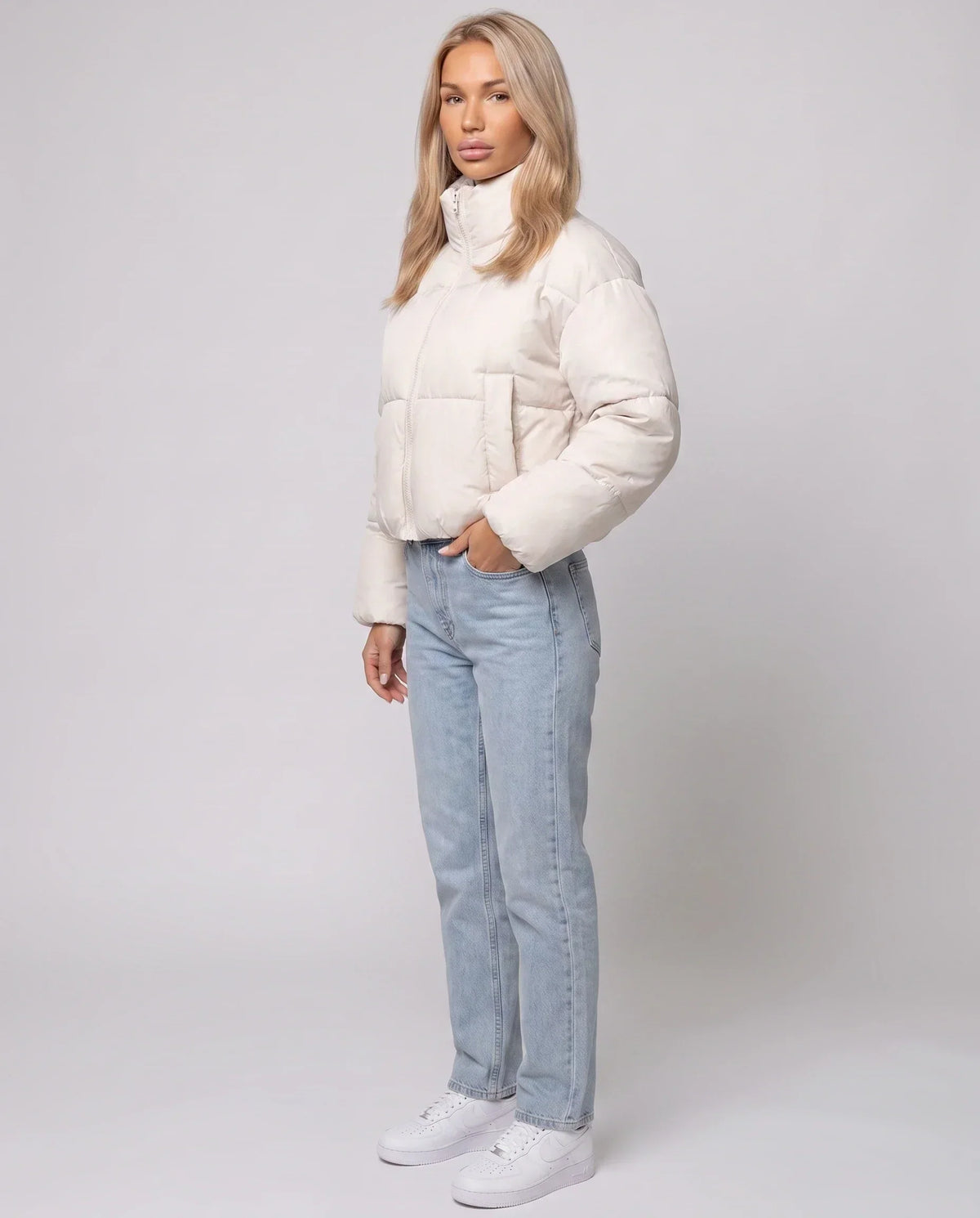 Short Quilted Jacket with Zipped Funnel Collar