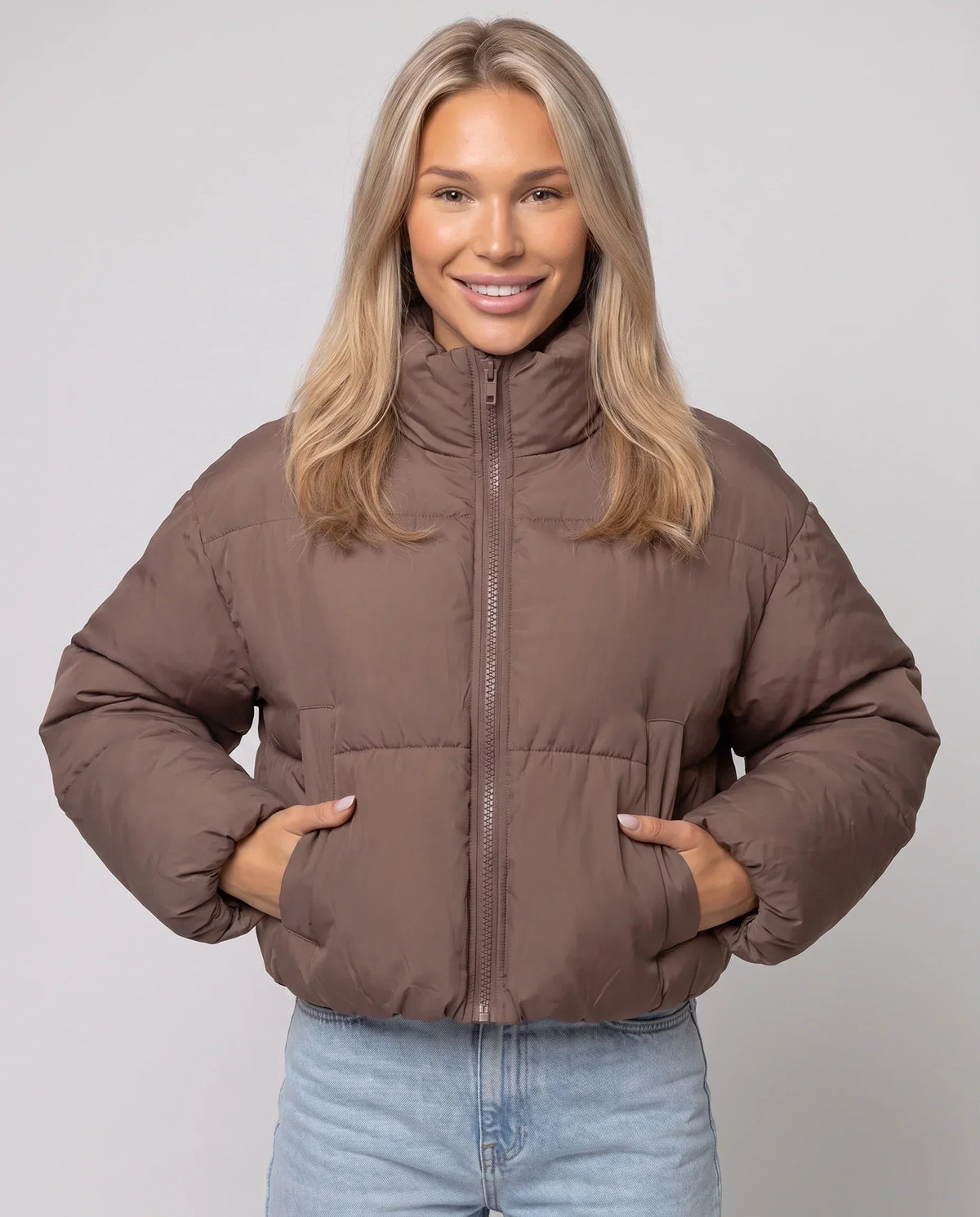 Short Quilted Jacket with Zipped Funnel Collar