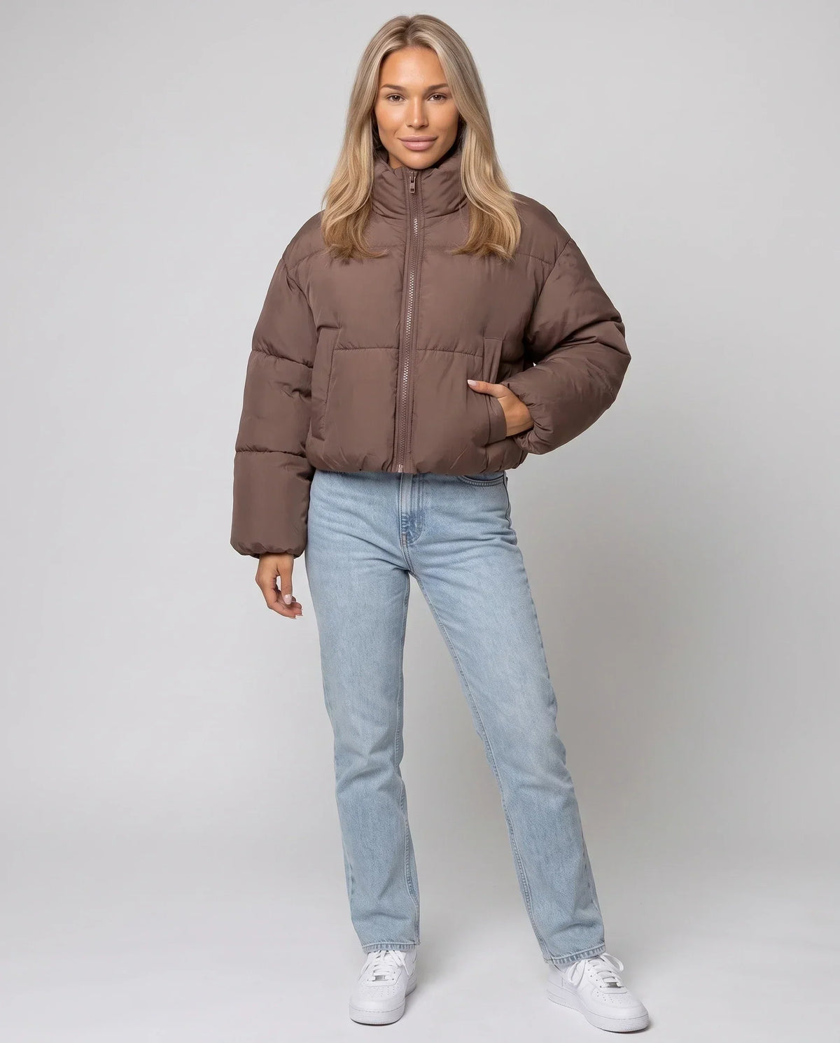 Short Quilted Jacket with Zipped Funnel Collar
