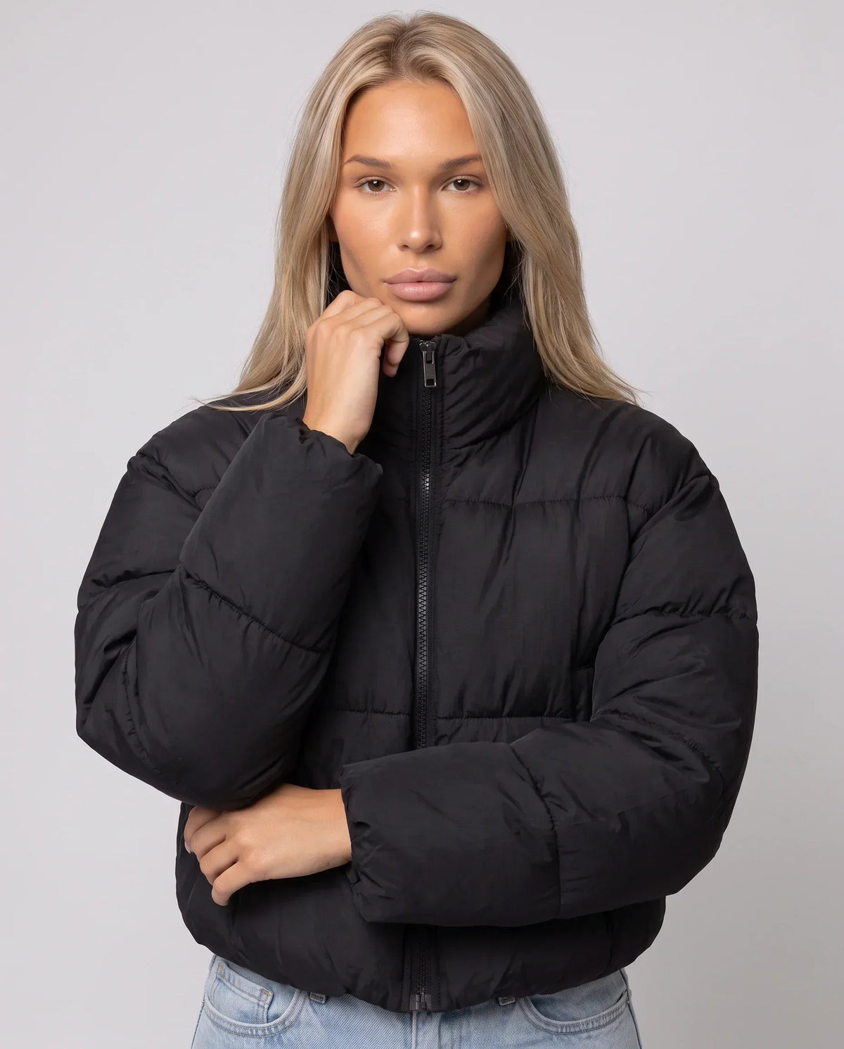Short Quilted Jacket with Zipped Funnel Collar
