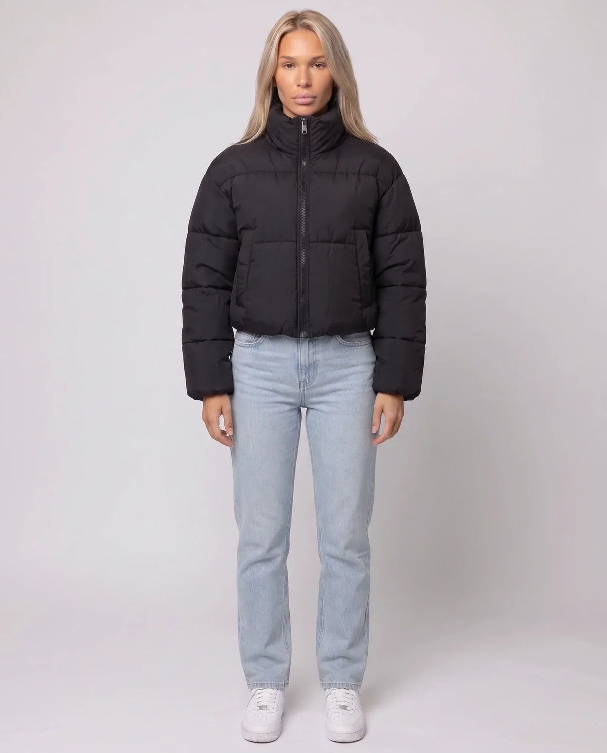 Short Quilted Jacket with Zipped Funnel Collar