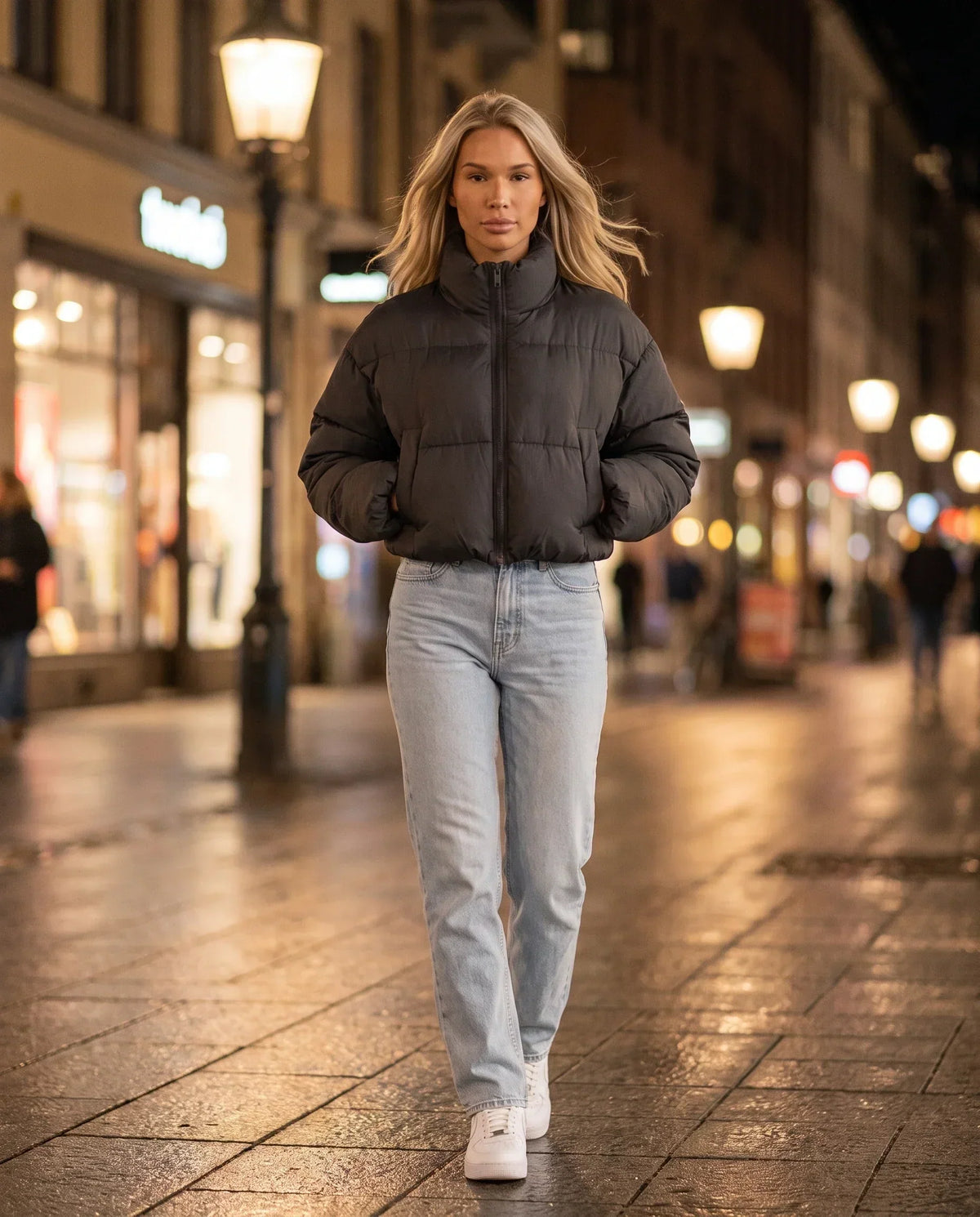 Short Quilted Jacket with Zipped Funnel Collar