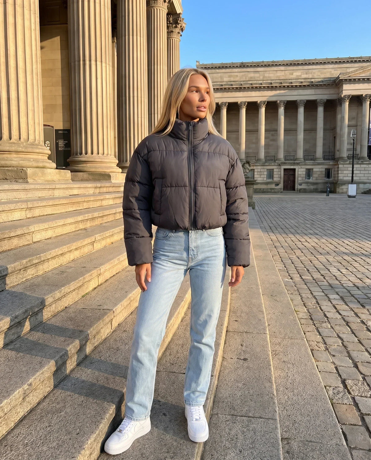 Short Quilted Jacket with Zipped Funnel Collar